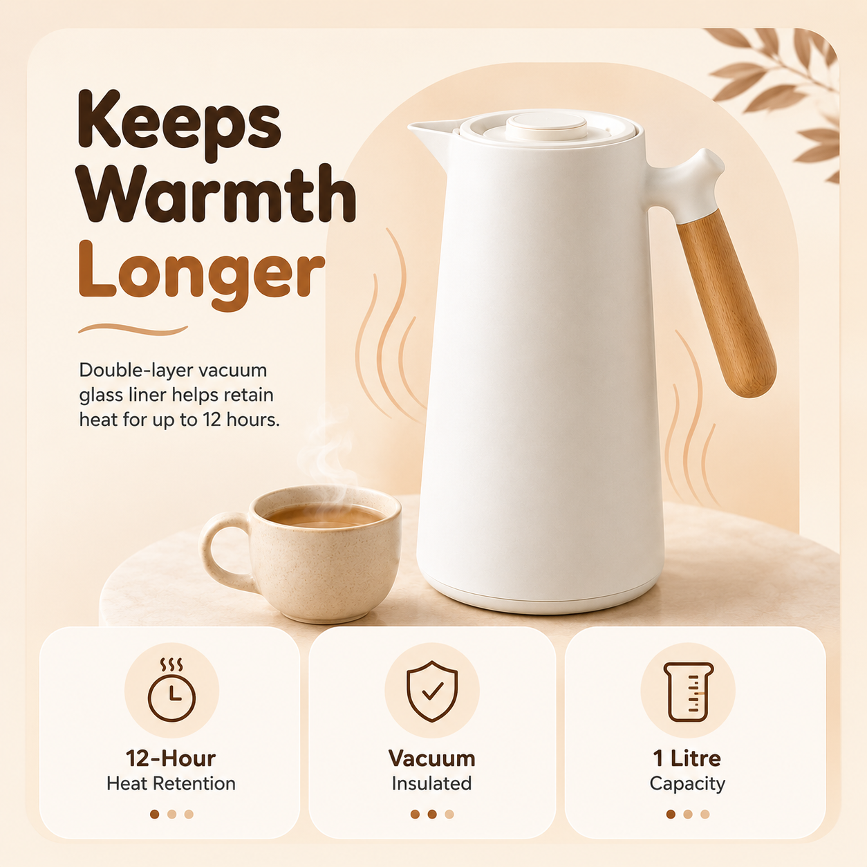 1 Litre Insulated Vacuum Flask with Wooden Handle (White)