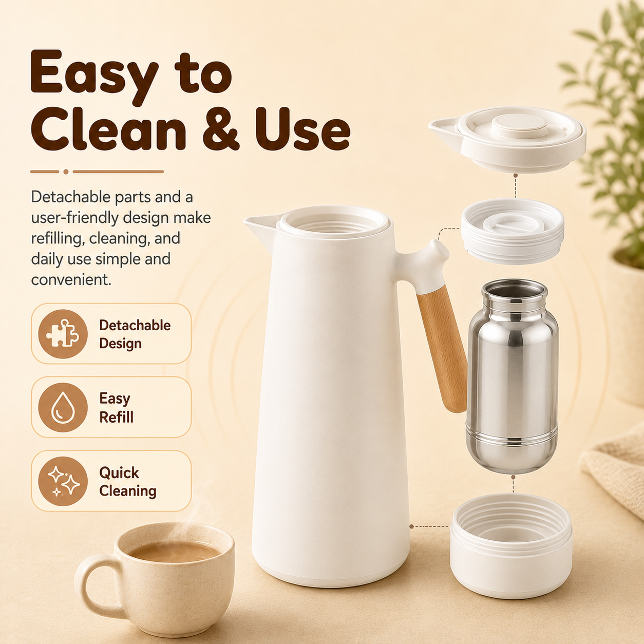 1 Litre Insulated Vacuum Flask with Wooden Handle (White)