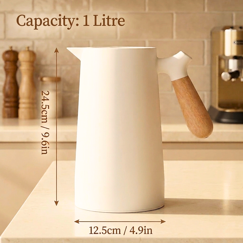 1 Litre Insulated Vacuum Flask with Wooden Handle (White)