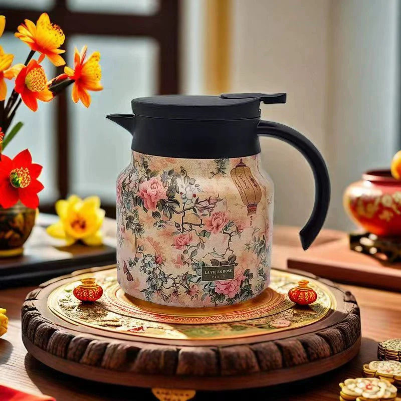 Vintage Floral Stainless Steel Elegant Insulated Teapot - 800ml
