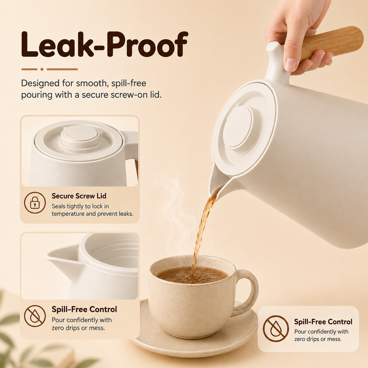 1 Litre Insulated Vacuum Flask with Wooden Handle (White)
