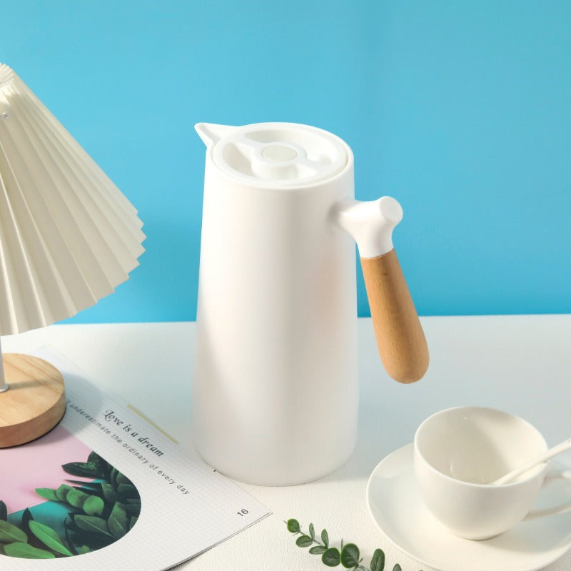 1 Litre Insulated Vacuum Flask with Wooden Handle (White)