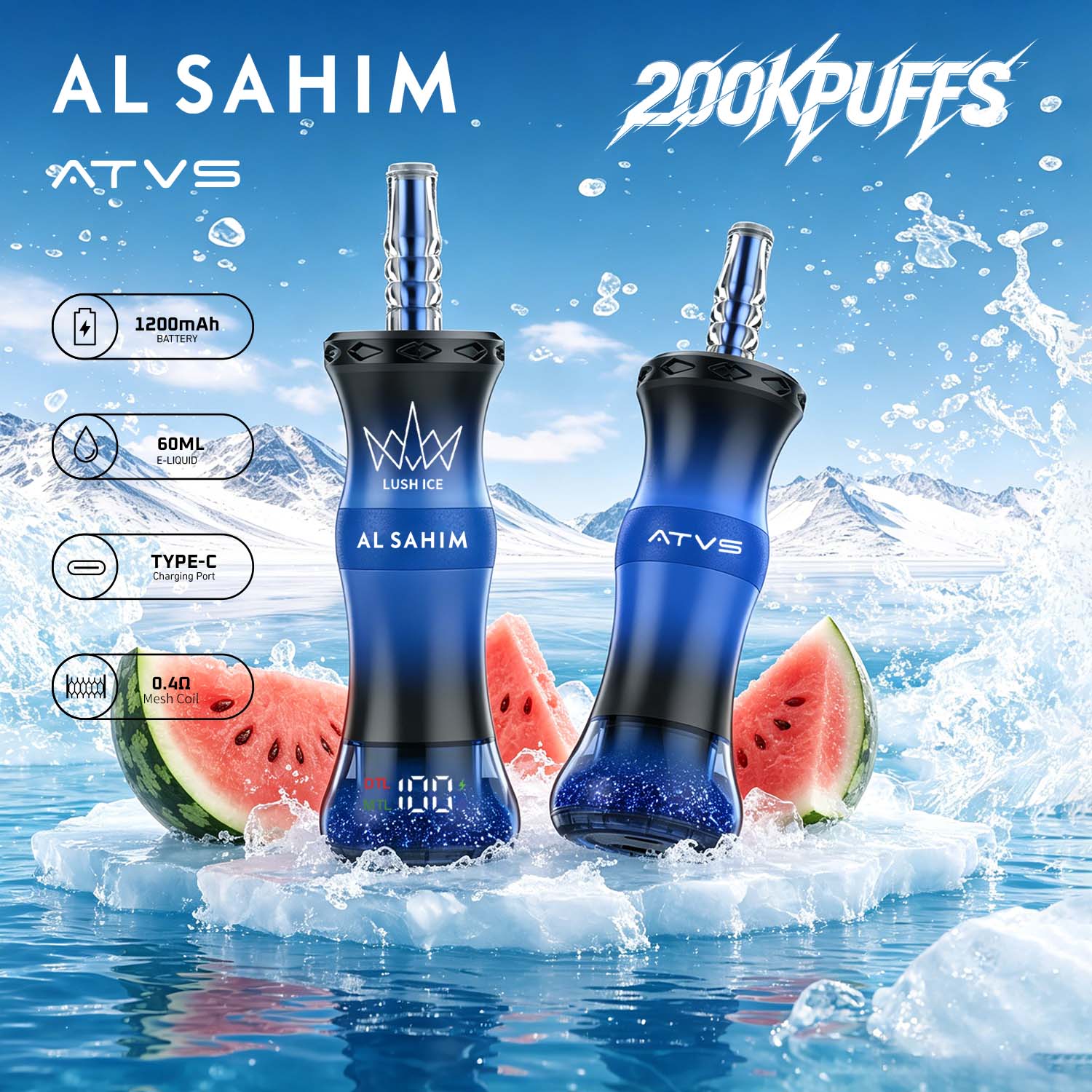 ATVS AL SAHIM 200000 200K Puffs Dual Mode LCD Display Disposable Vape Pen 