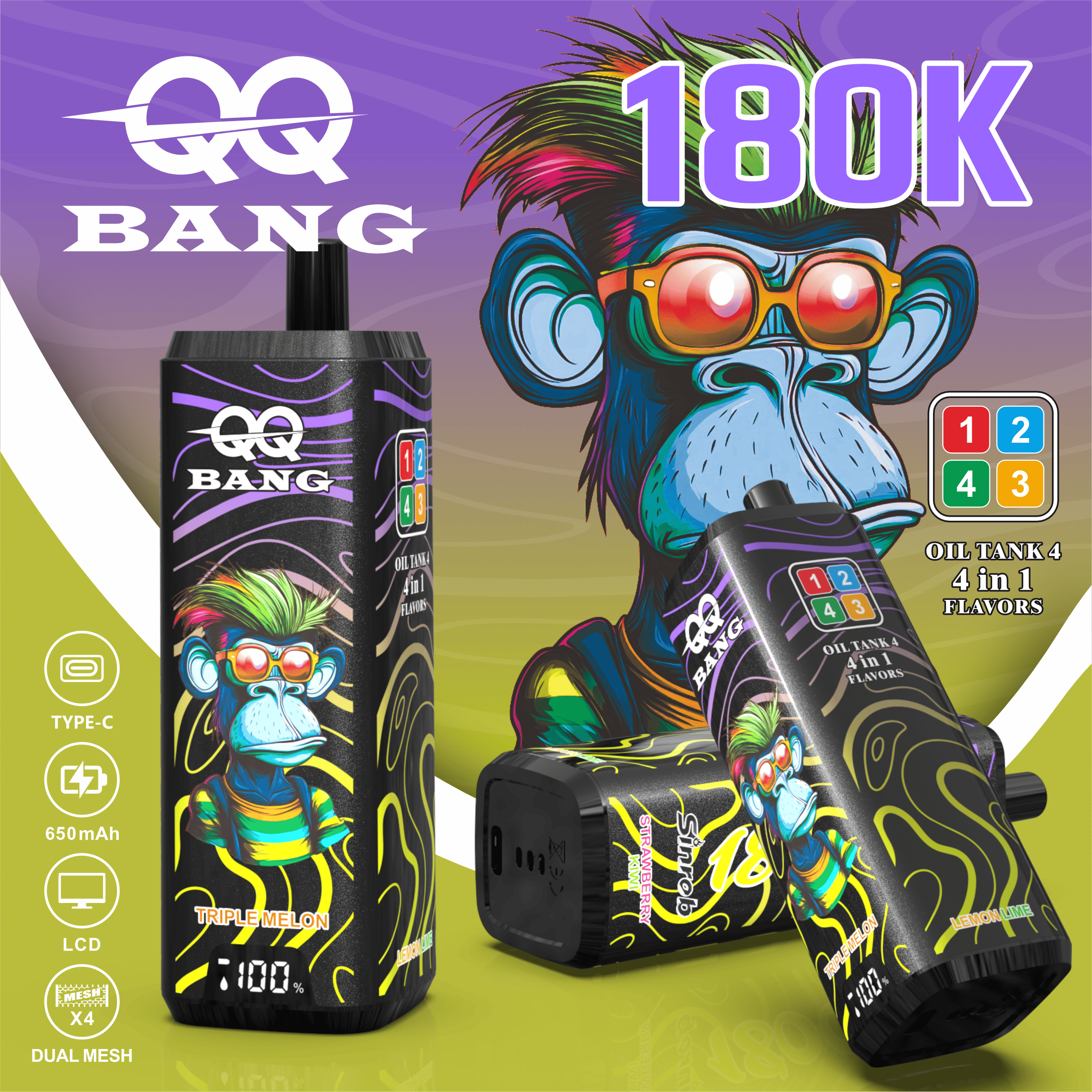 QQ Bang 180000 180K Puffs 4 In 1 Flavors LCD Display Rechargeable Disposable Vape 