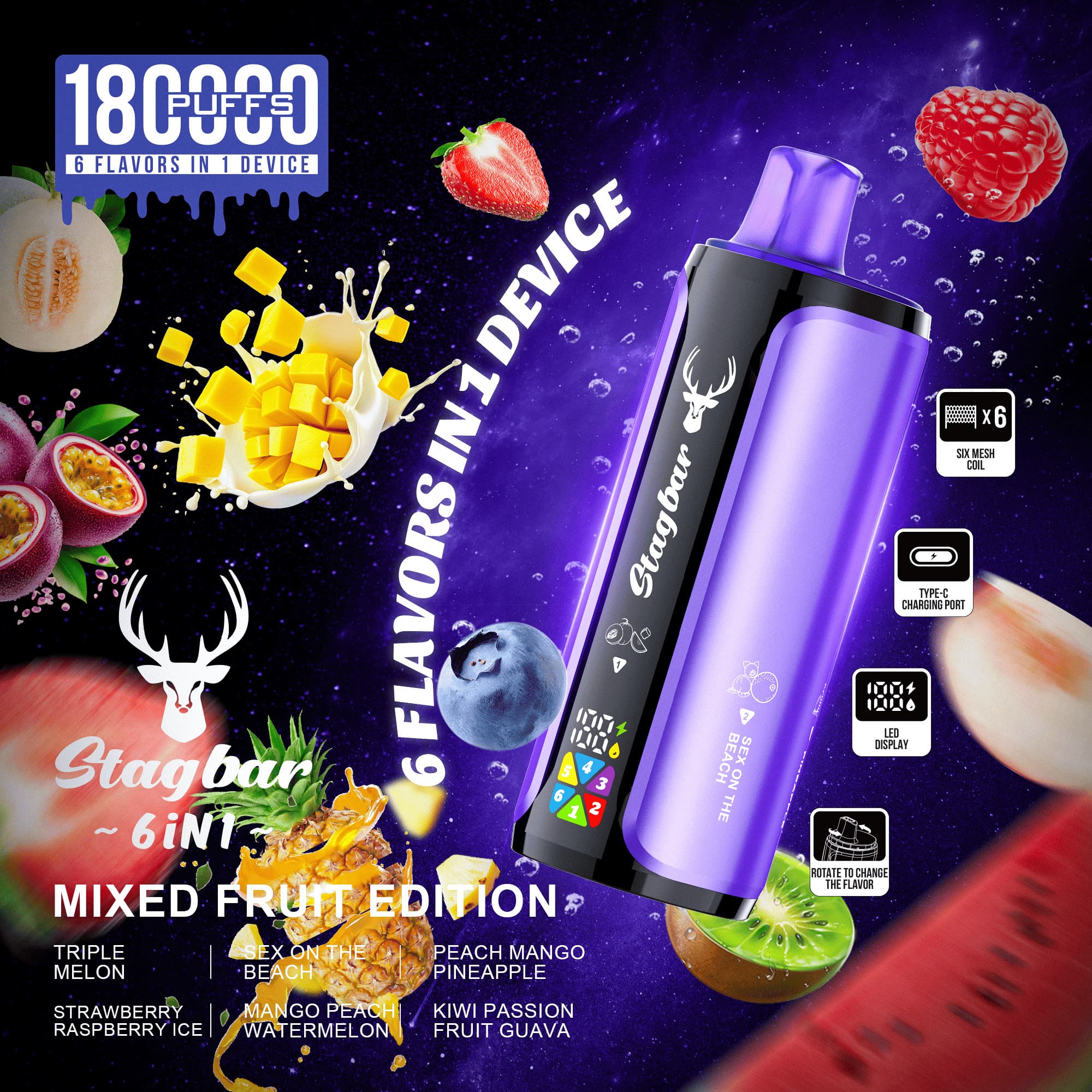 Stag Bar 6in1 180000 180K Puffs Newest Original Rechargeable LED Display Disposable Vape EU Warehouse 