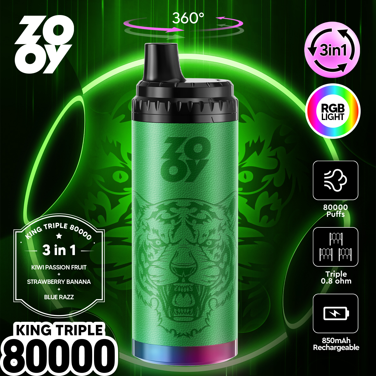 ZOOY King Triple 80000 80K Puffs 3 in 1 Flavors Original Rechargeable RGB Light Disposable Vape 