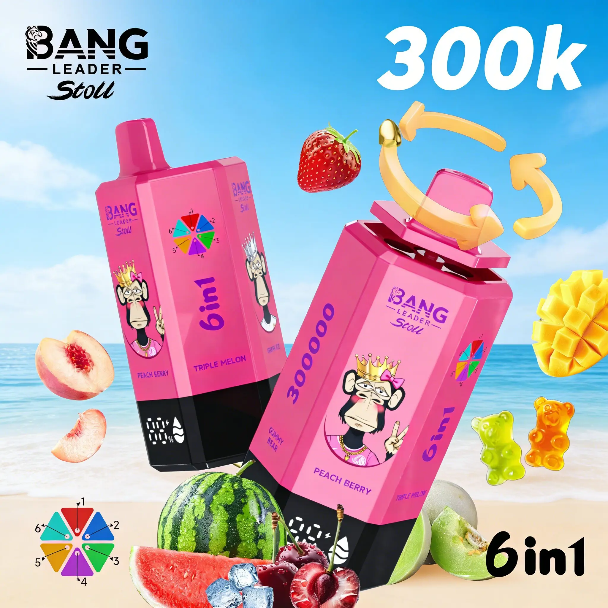 Bang Leader 300K 300000 Puffs 6 in 1 Flavors & 6 oil tanks Rechargeable LCD Display Disposable Vape EU Warehouse 