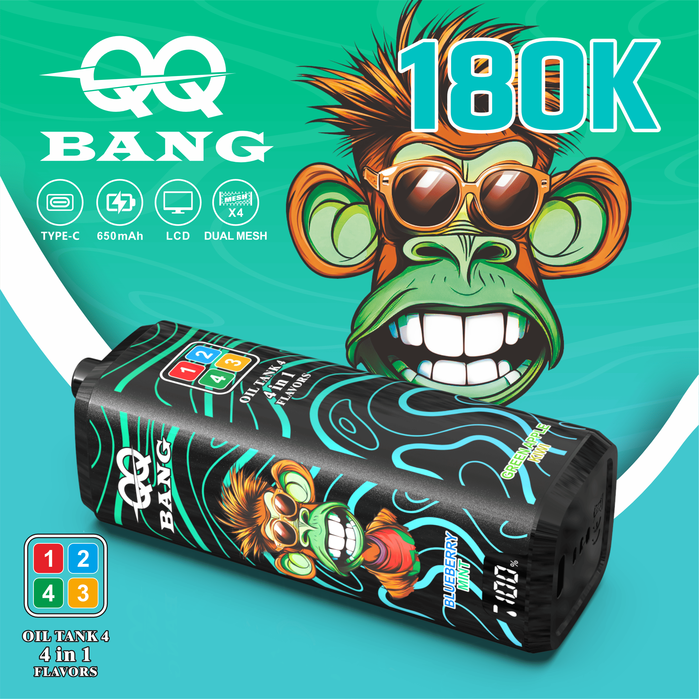 QQ Bang 180000 180K Puffs 4 In 1 Flavors LCD Display Rechargeable Disposable Vape 
