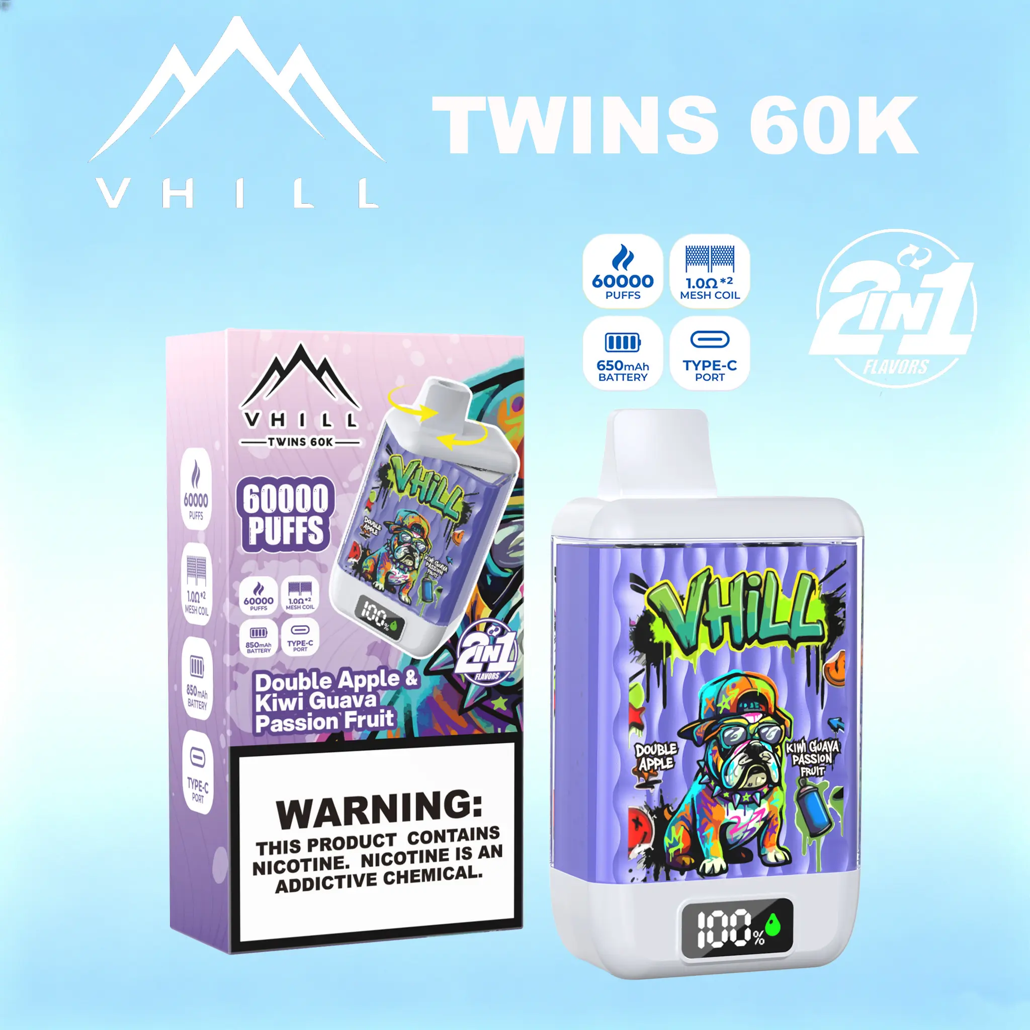 VHILL TWINS 60000 60K Puffs Dual Flavors LED Display Disposable Vape EU Warehouse 