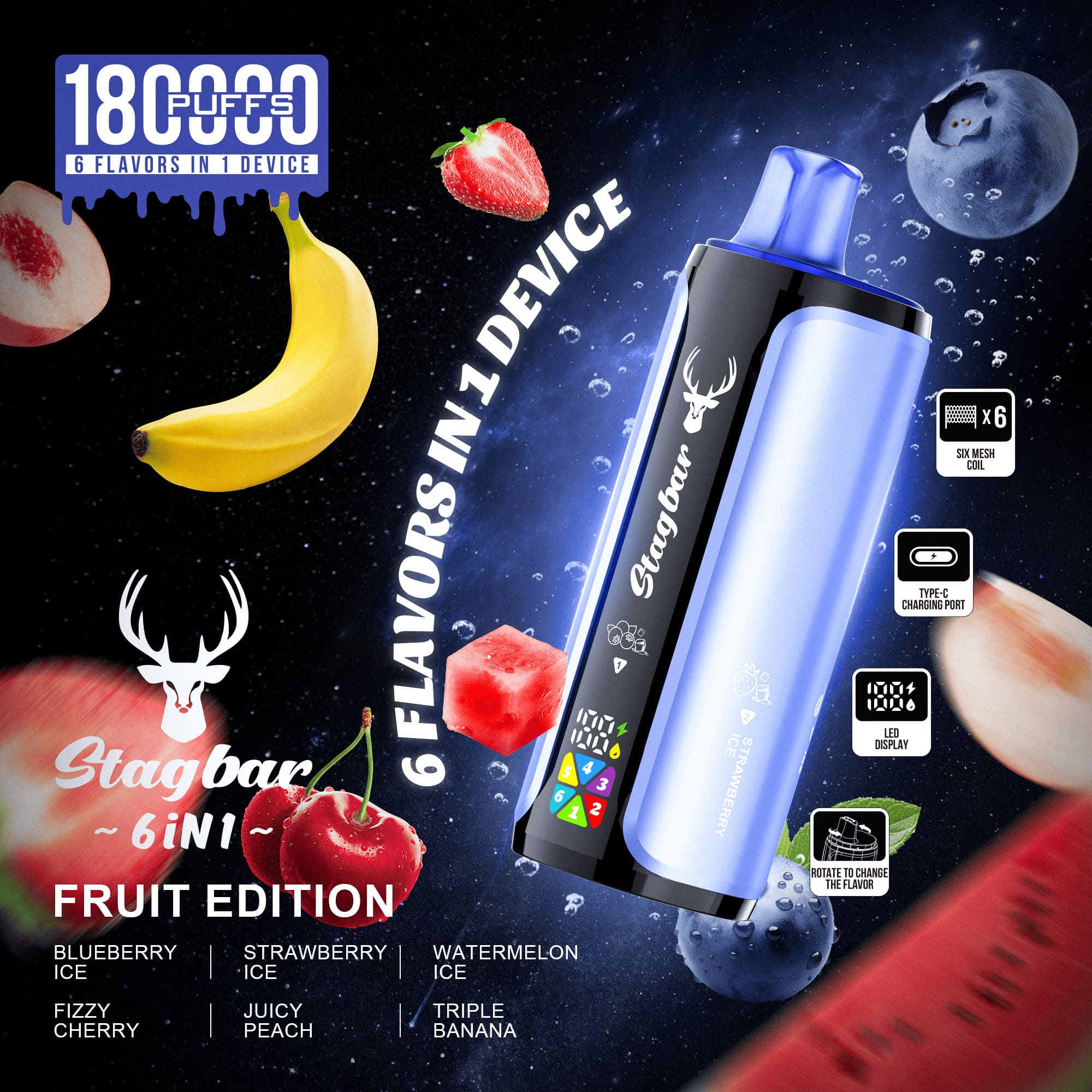 Stag Bar 6in1 180000 180K Puffs Newest Original Rechargeable LED Display Disposable Vape EU Warehouse 