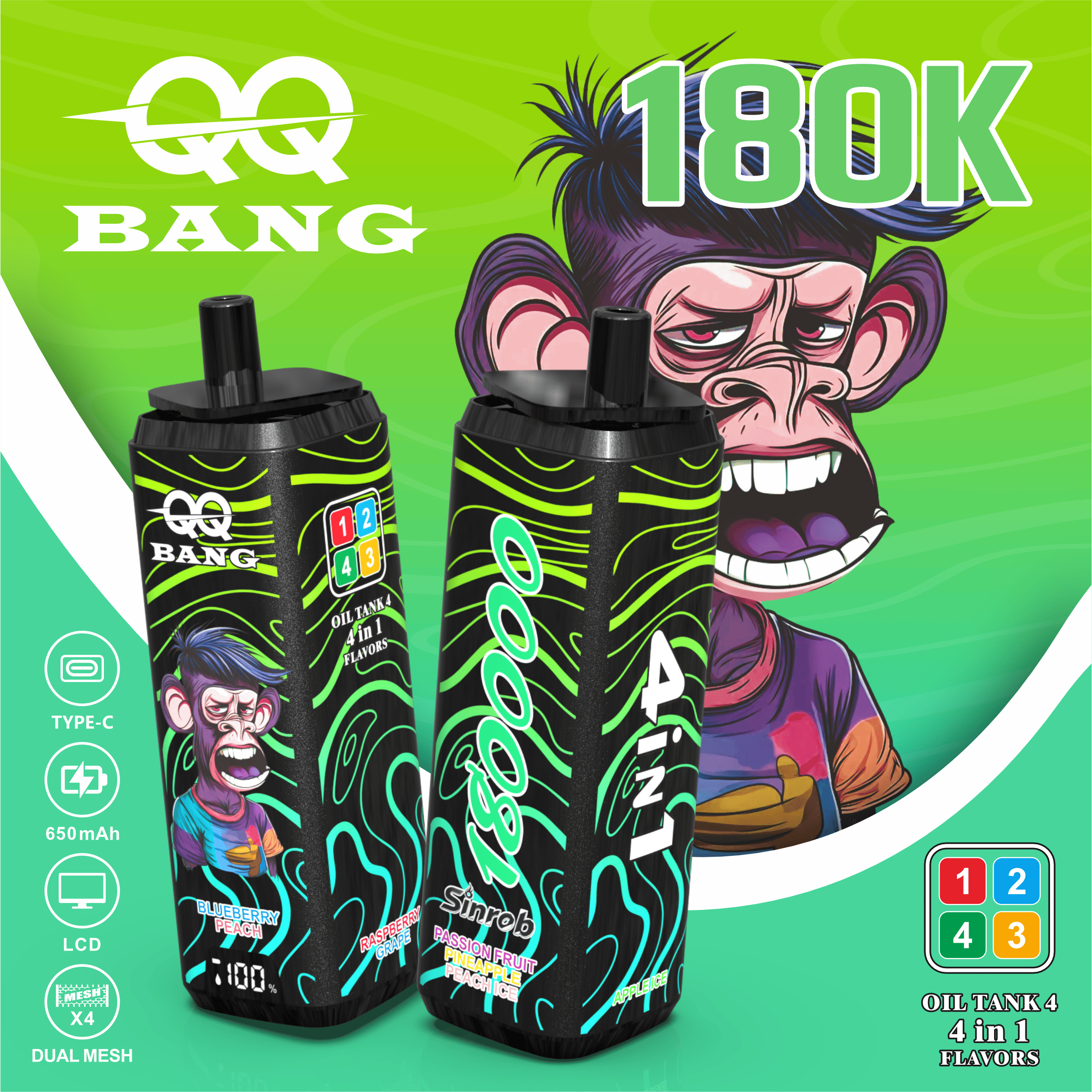QQ Bang 180000 180K Puffs 4 In 1 Flavors LCD Display Rechargeable Disposable Vape 