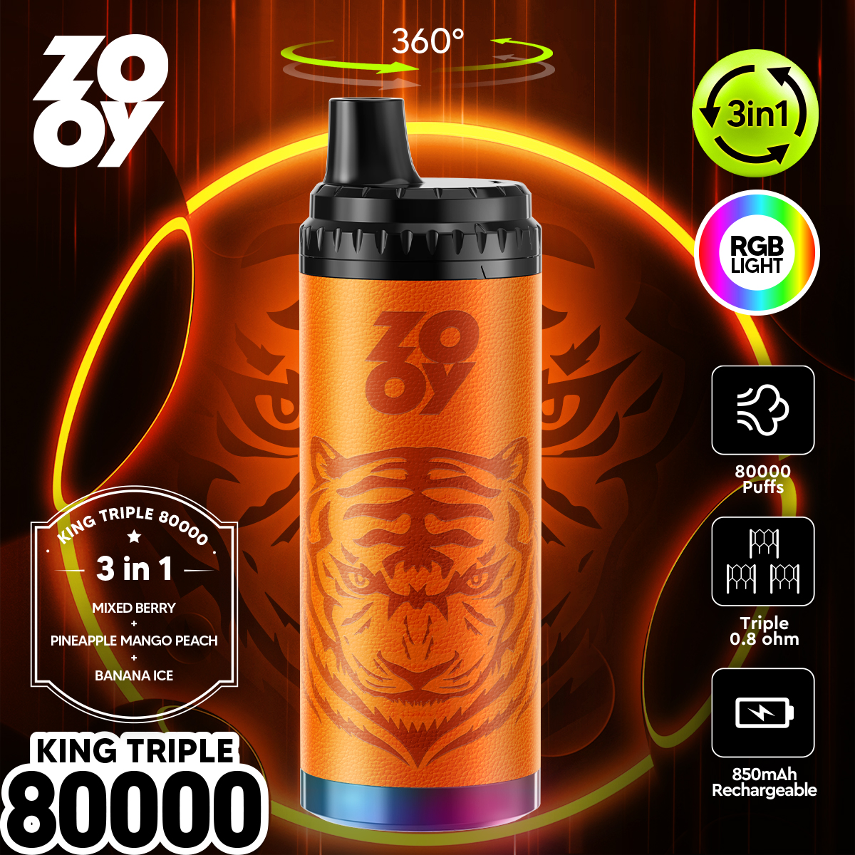ZOOY King Triple 80000 80K Puffs 3 in 1 Flavors Original Rechargeable RGB Light Disposable Vape 