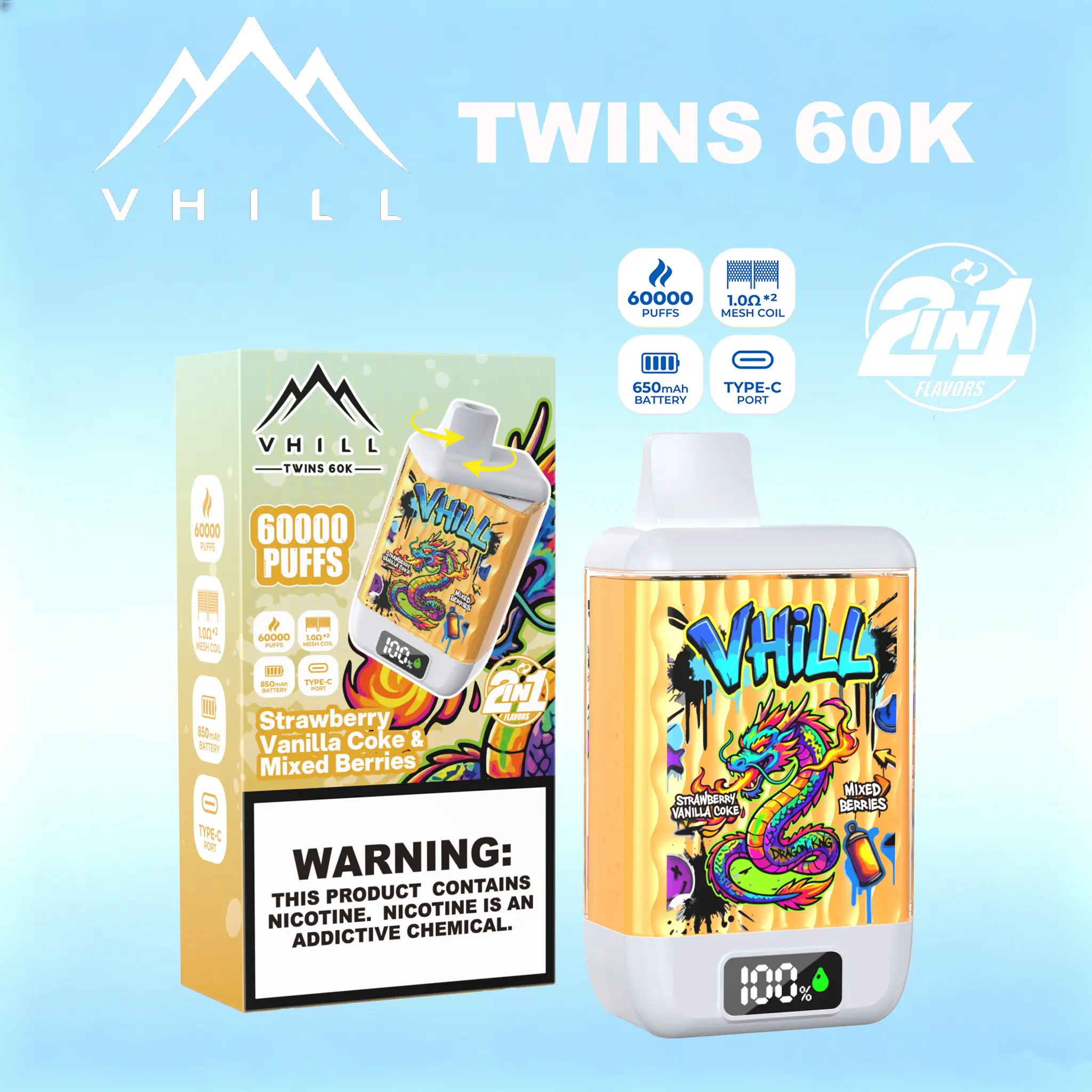 VHILL TWINS 60000 60K Puffs Dual Flavors LED Display Disposable Vape EU Warehouse 