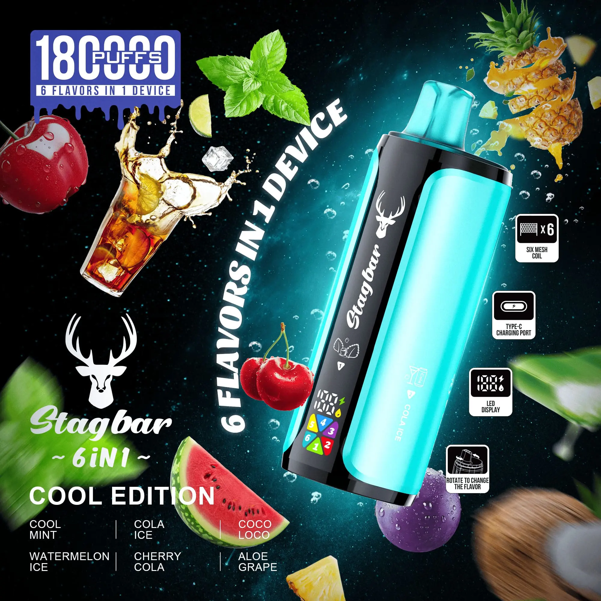 Stag Bar 6in1 180000 180K Puffs Newest Original Rechargeable LED Display Disposable Vape EU Warehouse 