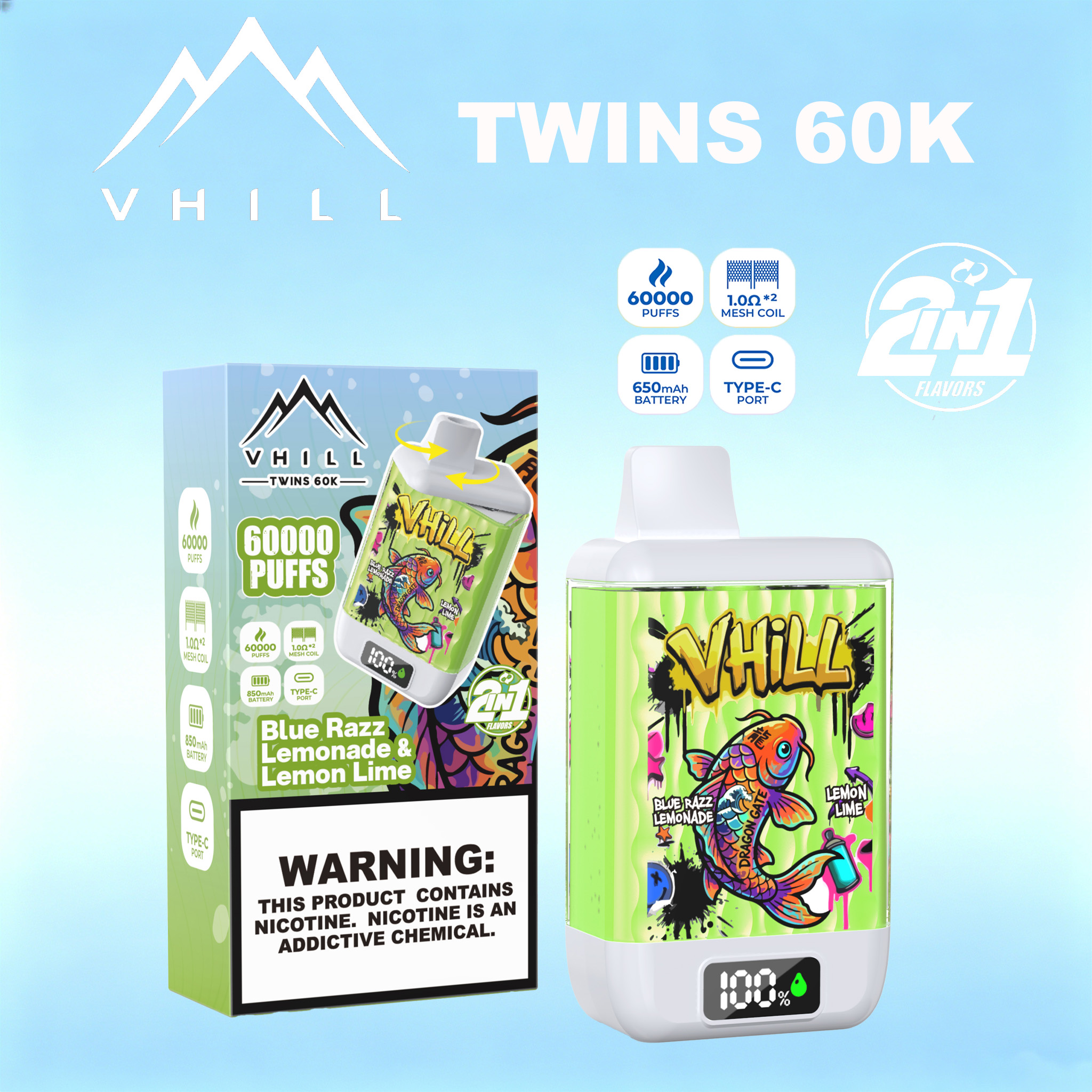 VHILL TWINS 60000 60K Puffs Dual Flavors LED Display Disposable Vape EU Warehouse 