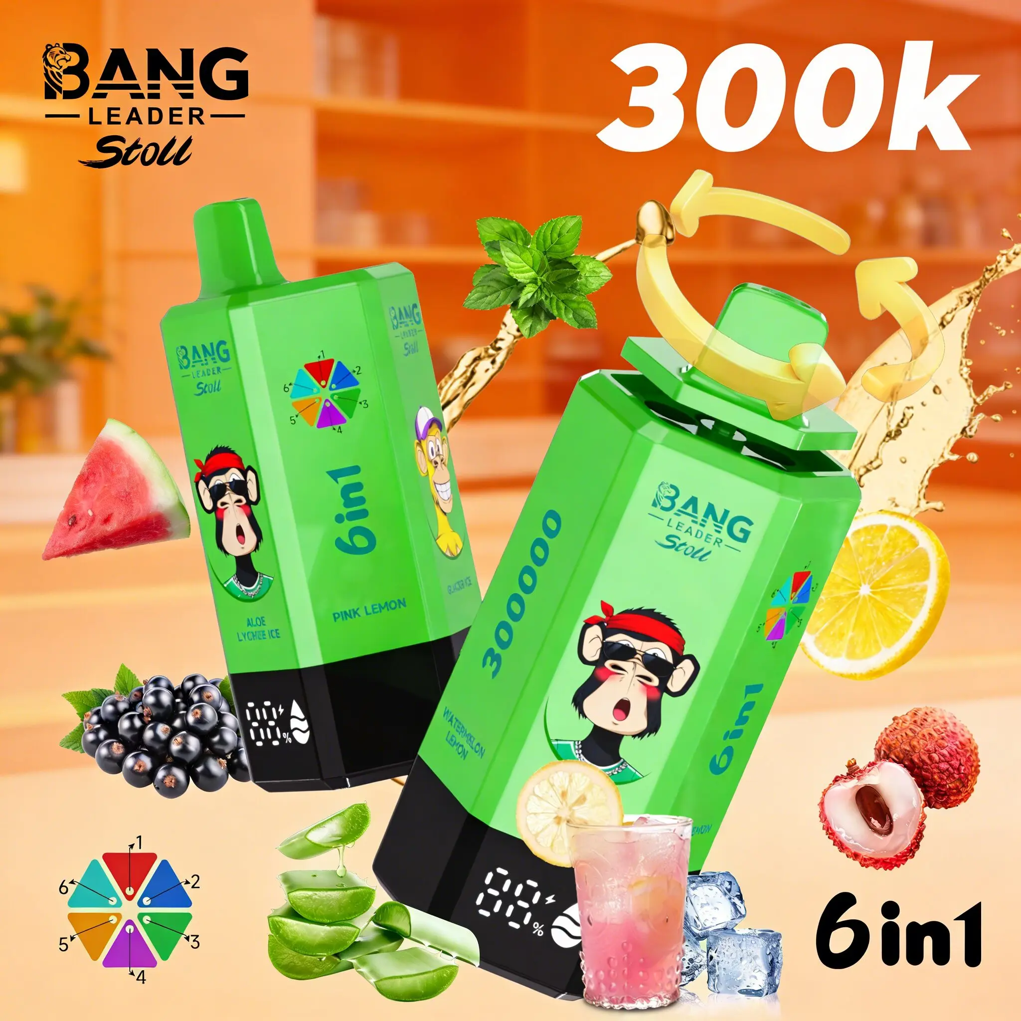 Bang Leader 300K 300000 Puffs 6 in 1 Flavors & 6 oil tanks Rechargeable LCD Display Disposable Vape EU Warehouse 