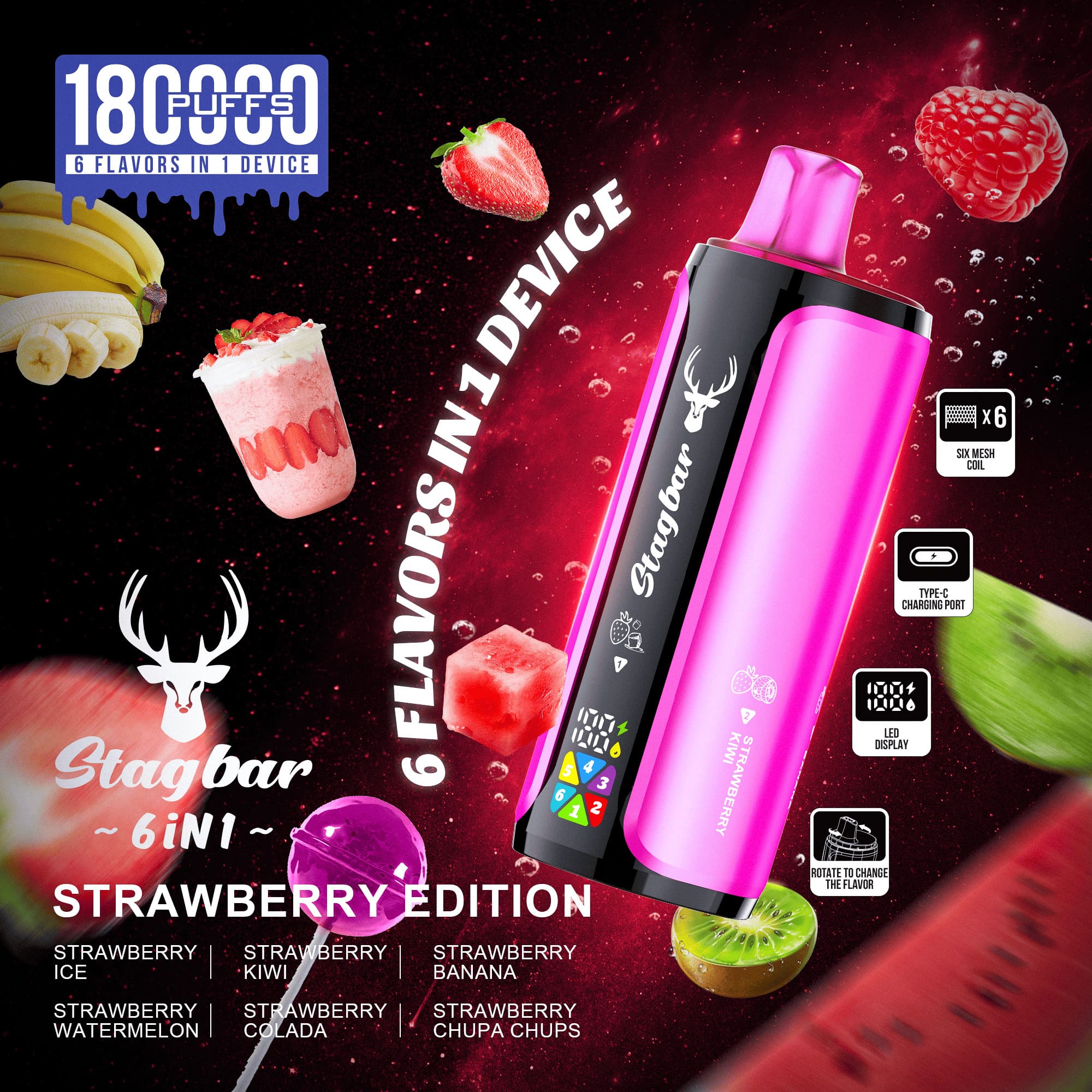 Stag Bar 6in1 180000 180K Puffs Newest Original Rechargeable LED Display Disposable Vape EU Warehouse 