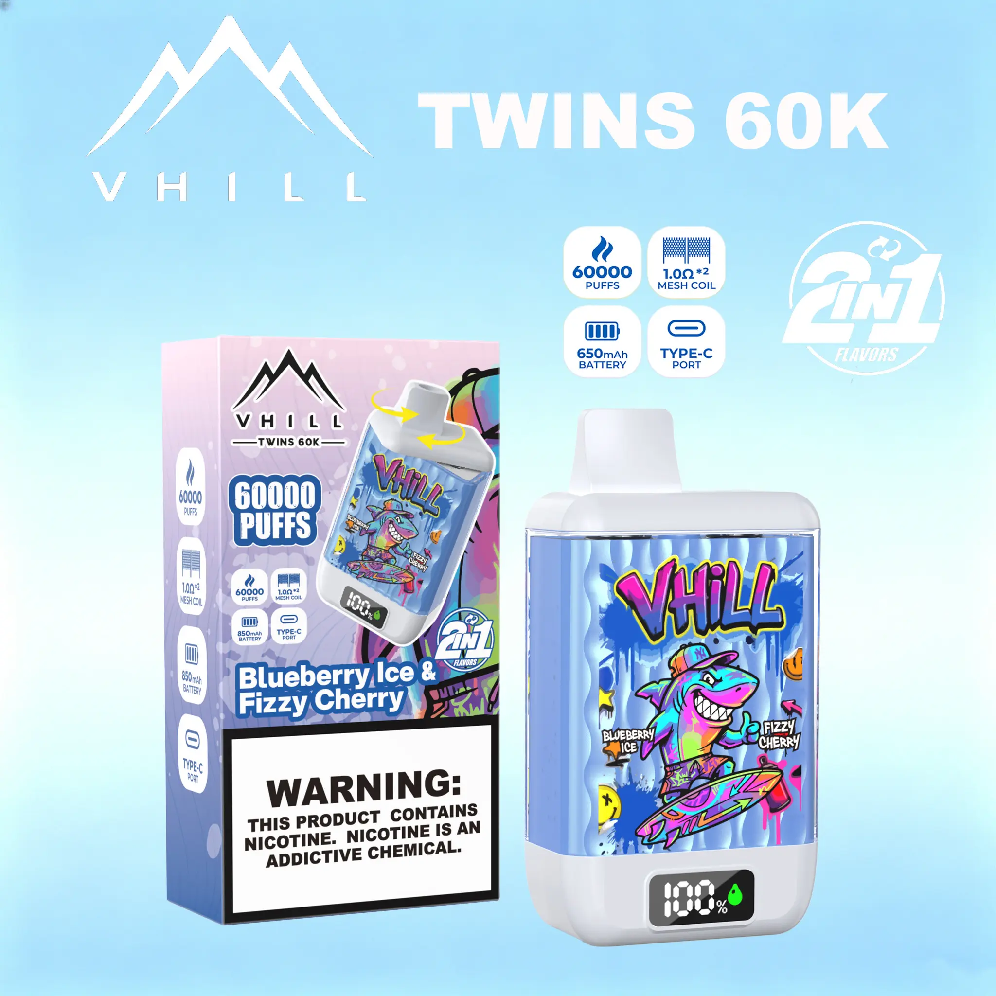 VHILL TWINS 60000 60K Puffs Dual Flavors LED Display Disposable Vape EU Warehouse 