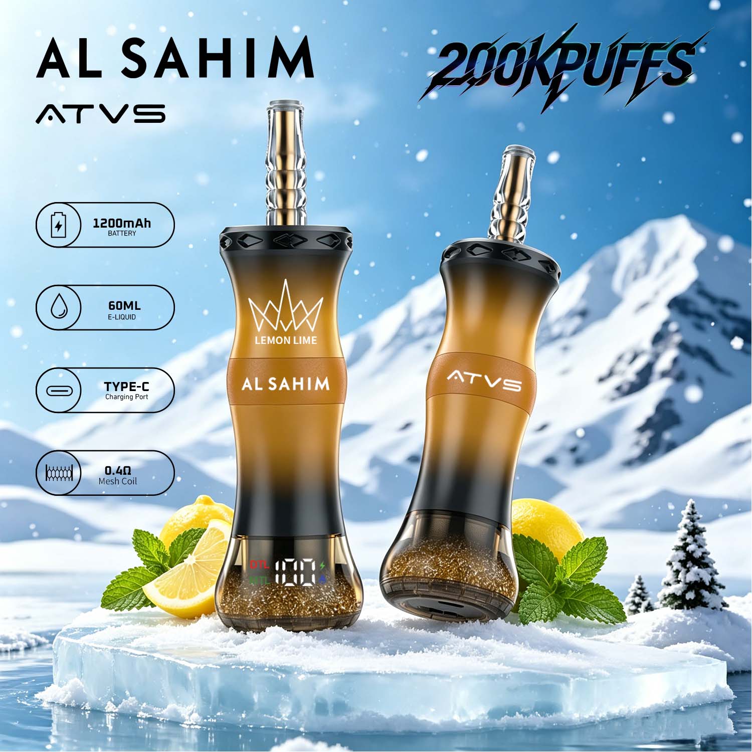 ATVS AL SAHIM 200000 200K Puffs Dual Mode LCD Display Disposable Vape Pen 