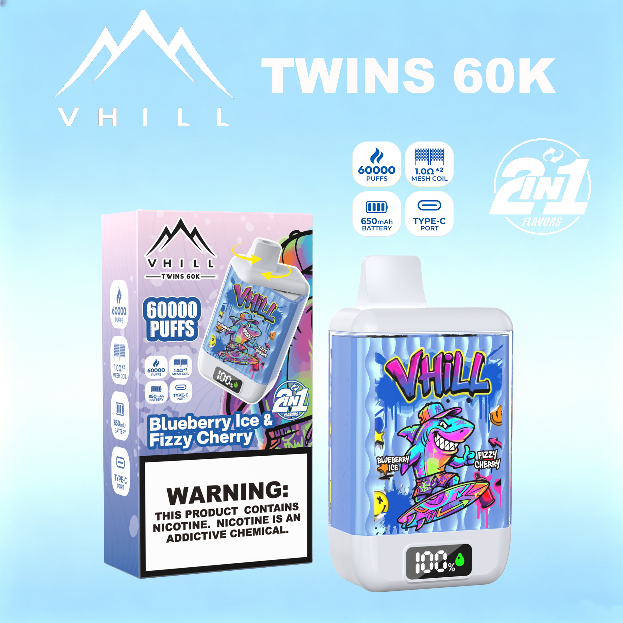 VHILL TWINS 60000 60K Puffs Dual Flavors LED Display Disposable Vape EU Warehouse 
