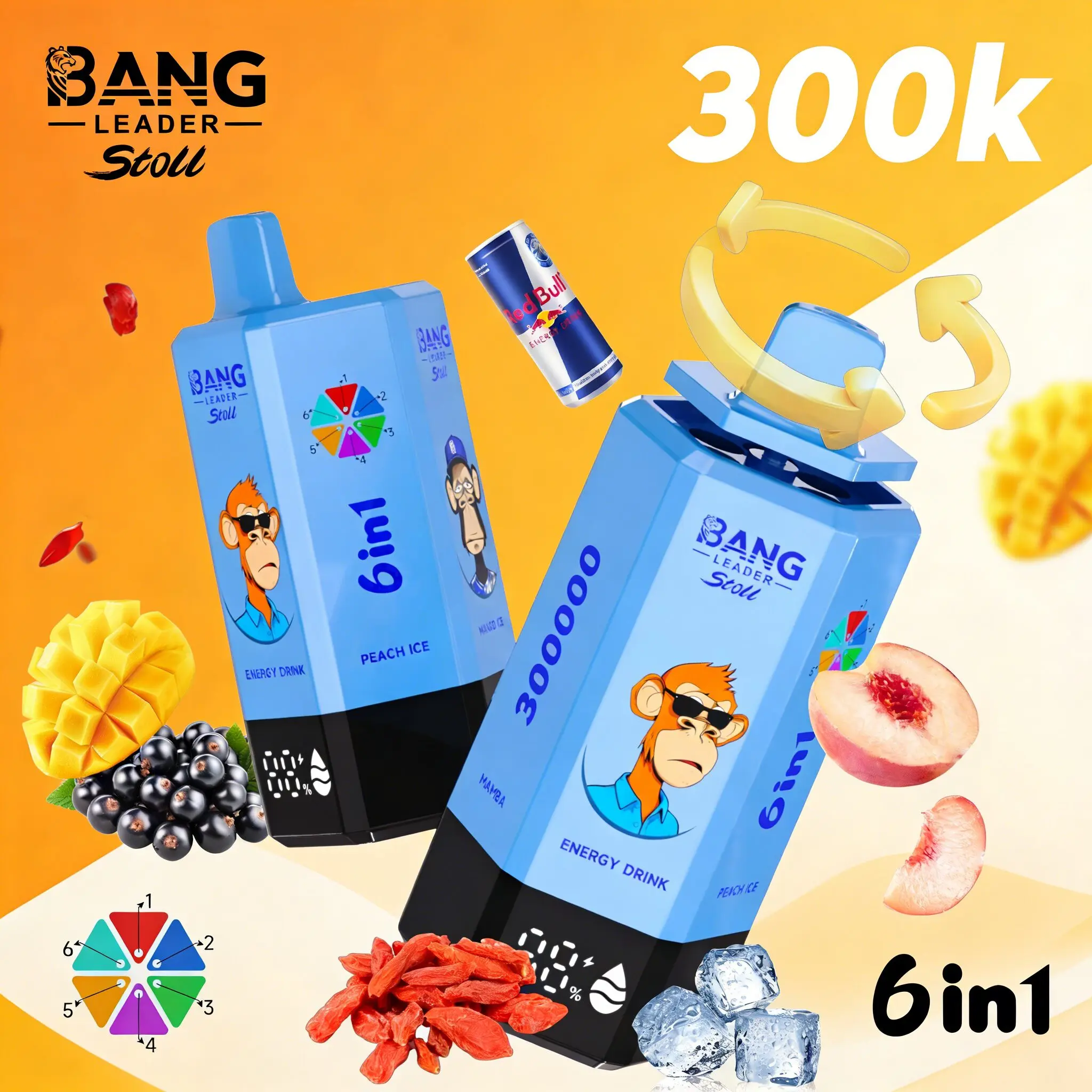 Bang Leader 300K 300000 Puffs 6 in 1 Flavors & 6 oil tanks Rechargeable LCD Display Disposable Vape EU Warehouse 
