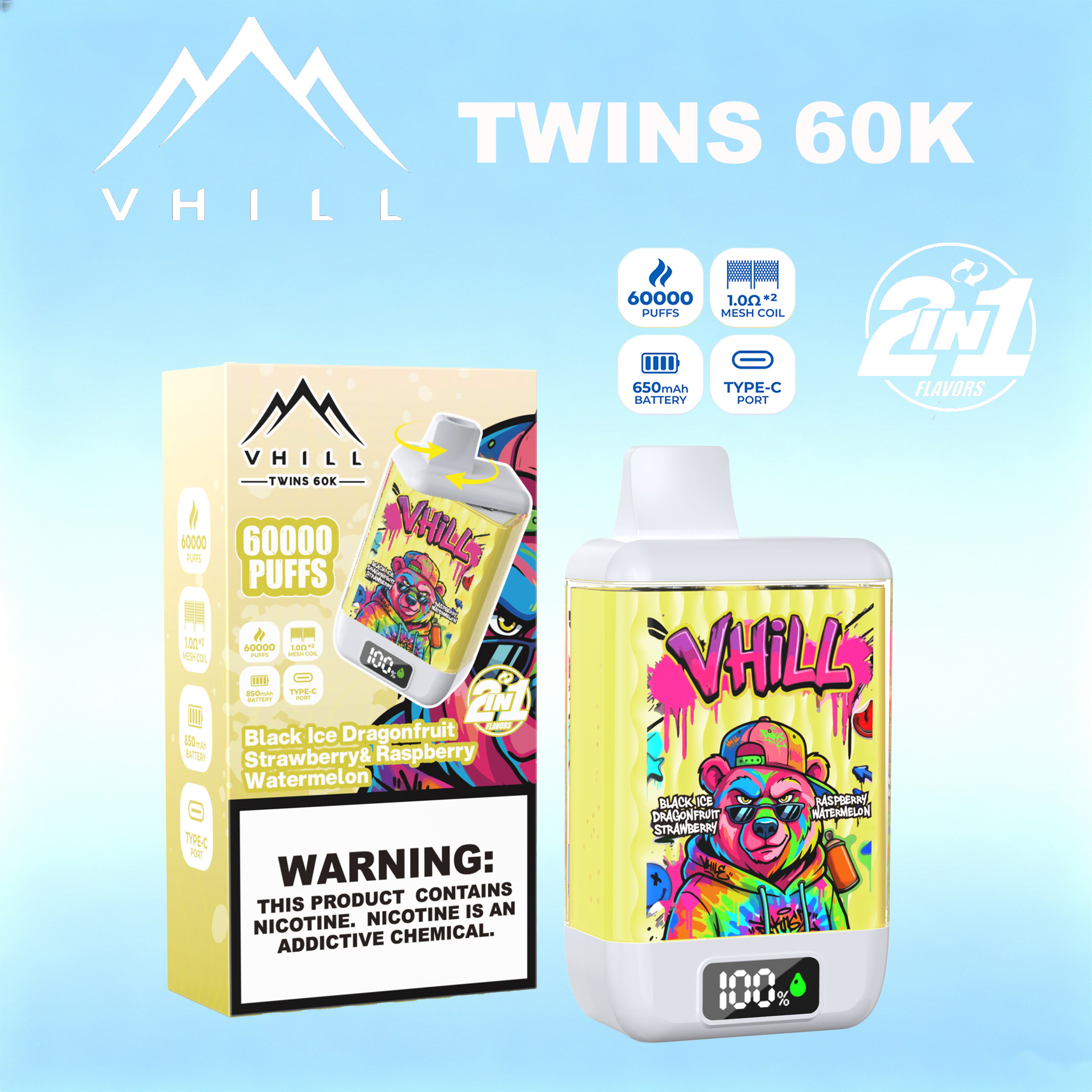 VHILL TWINS 60000 60K Puffs Dual Flavors LED Display Disposable Vape EU Warehouse 