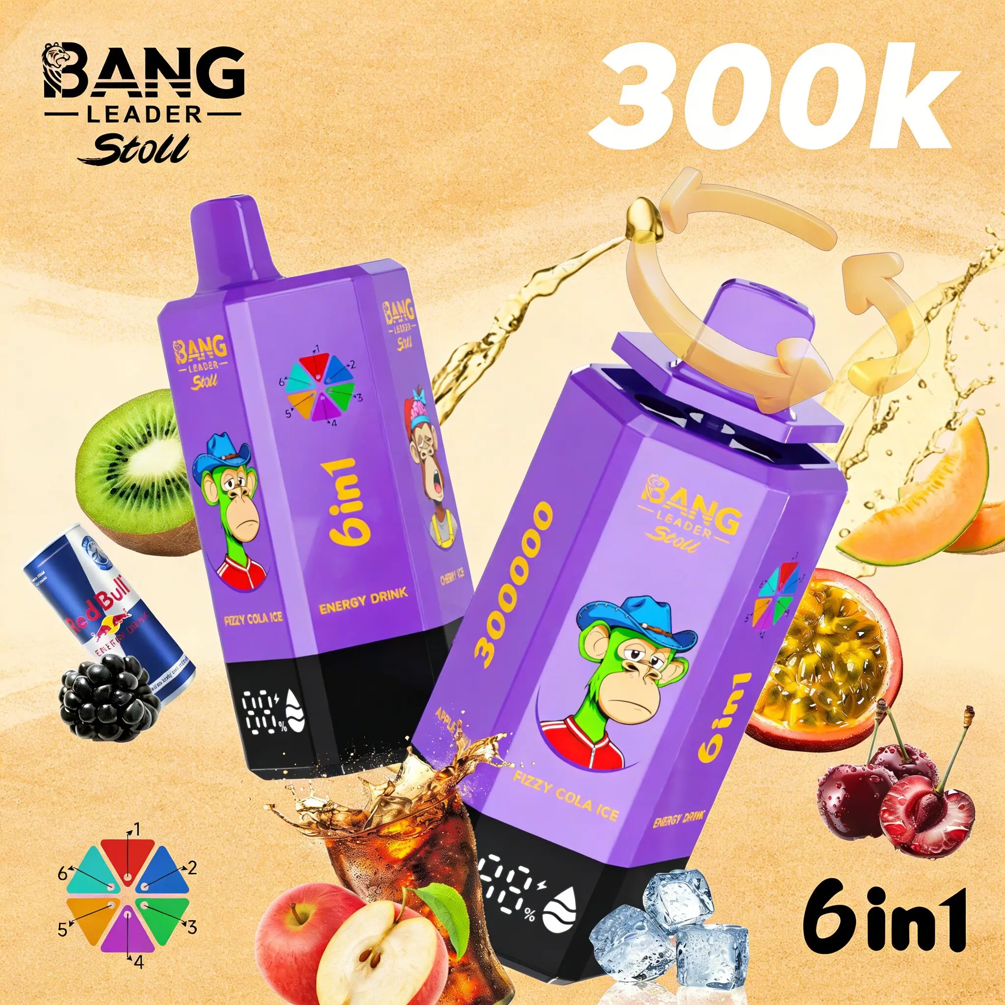 Bang Leader 300K 300000 Puffs 6 in 1 Flavors & 6 oil tanks Rechargeable LCD Display Disposable Vape EU Warehouse 