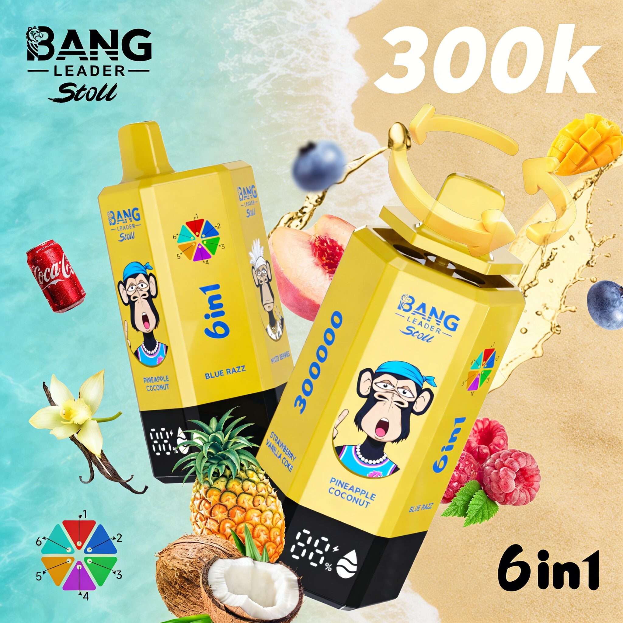 Bang Leader 300K 300000 Puffs 6 in 1 Flavors & 6 oil tanks Rechargeable LCD Display Disposable Vape EU Warehouse 