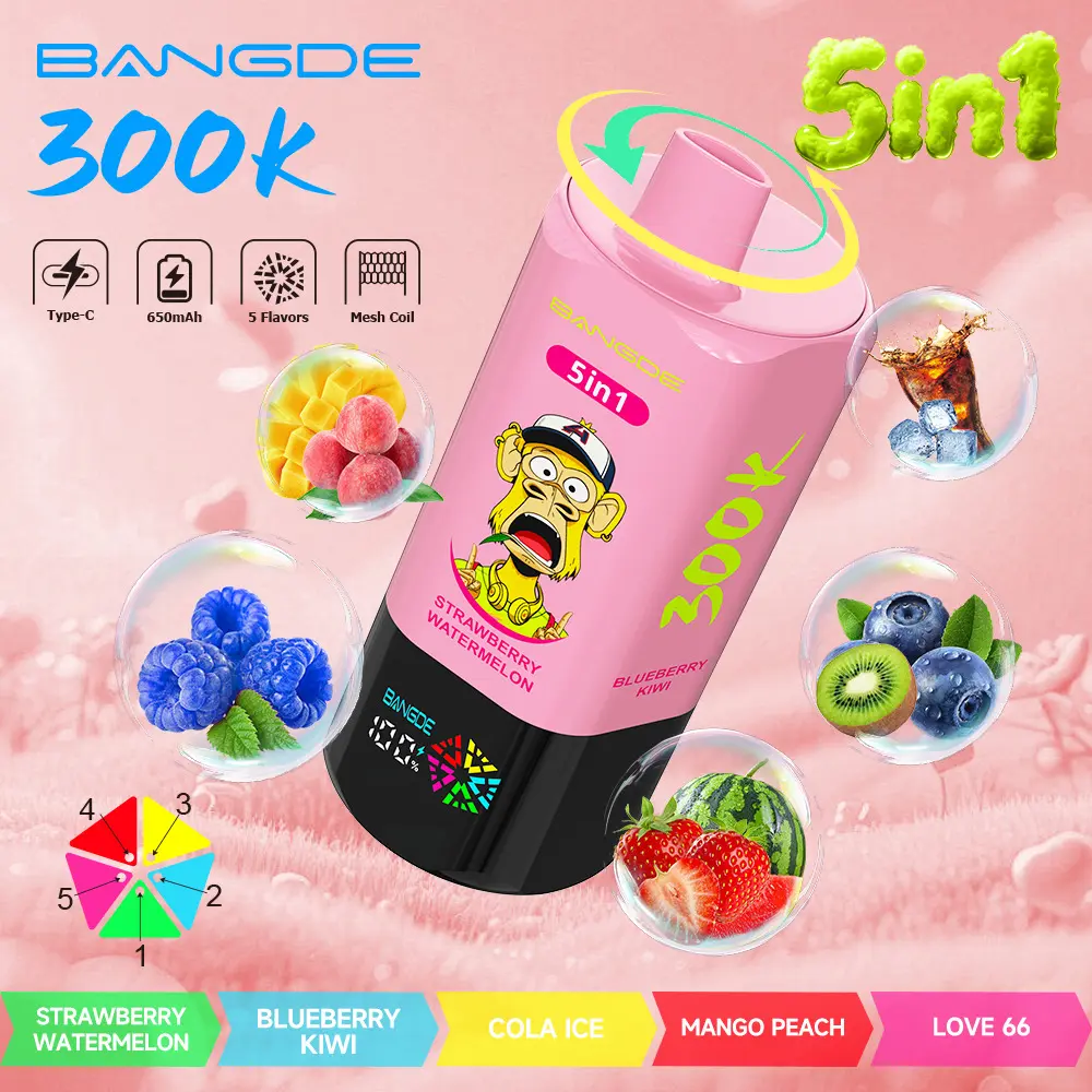Bang DE 300K 300000 Vape 5-in-1 Flavors Rechargeable LED Display Disposable E-Cigarette 