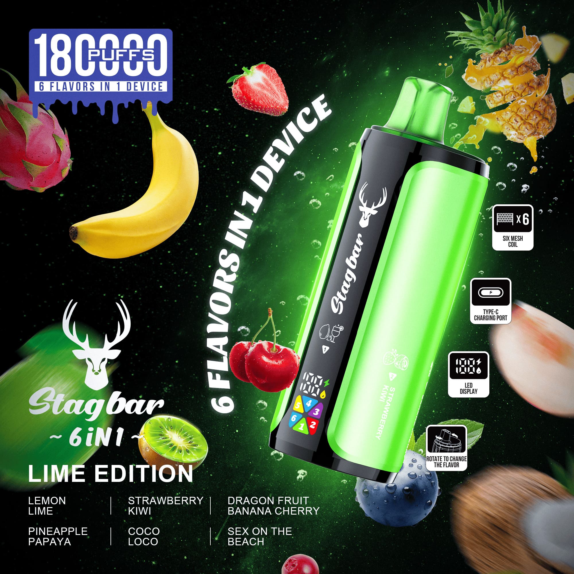 Stag Bar 6in1 180000 180K Puffs Newest Original Rechargeable LED Display Disposable Vape EU Warehouse 