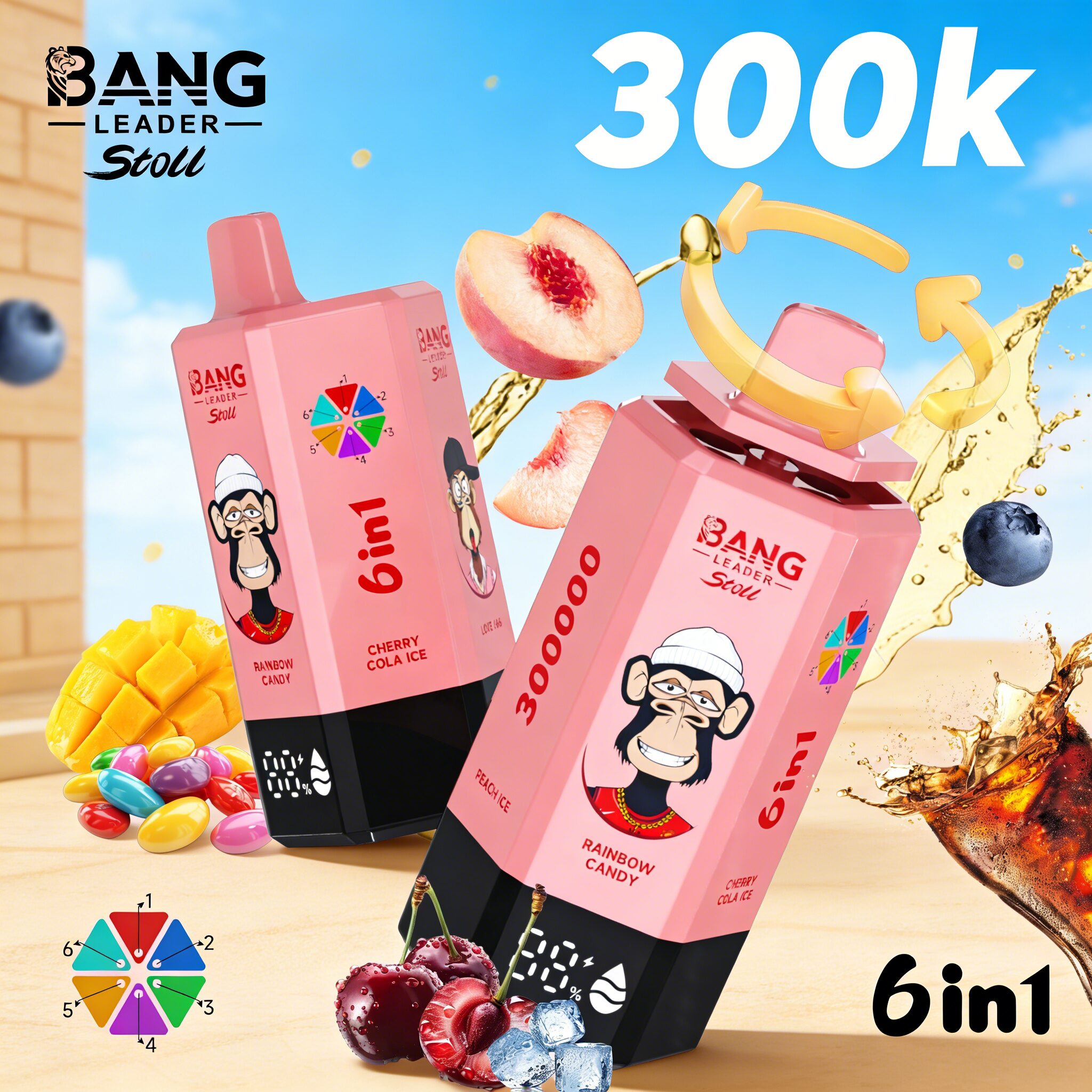 Bang Leader 300K 300000 Puffs 6 in 1 Flavors & 6 oil tanks Rechargeable LCD Display Disposable Vape EU Warehouse 