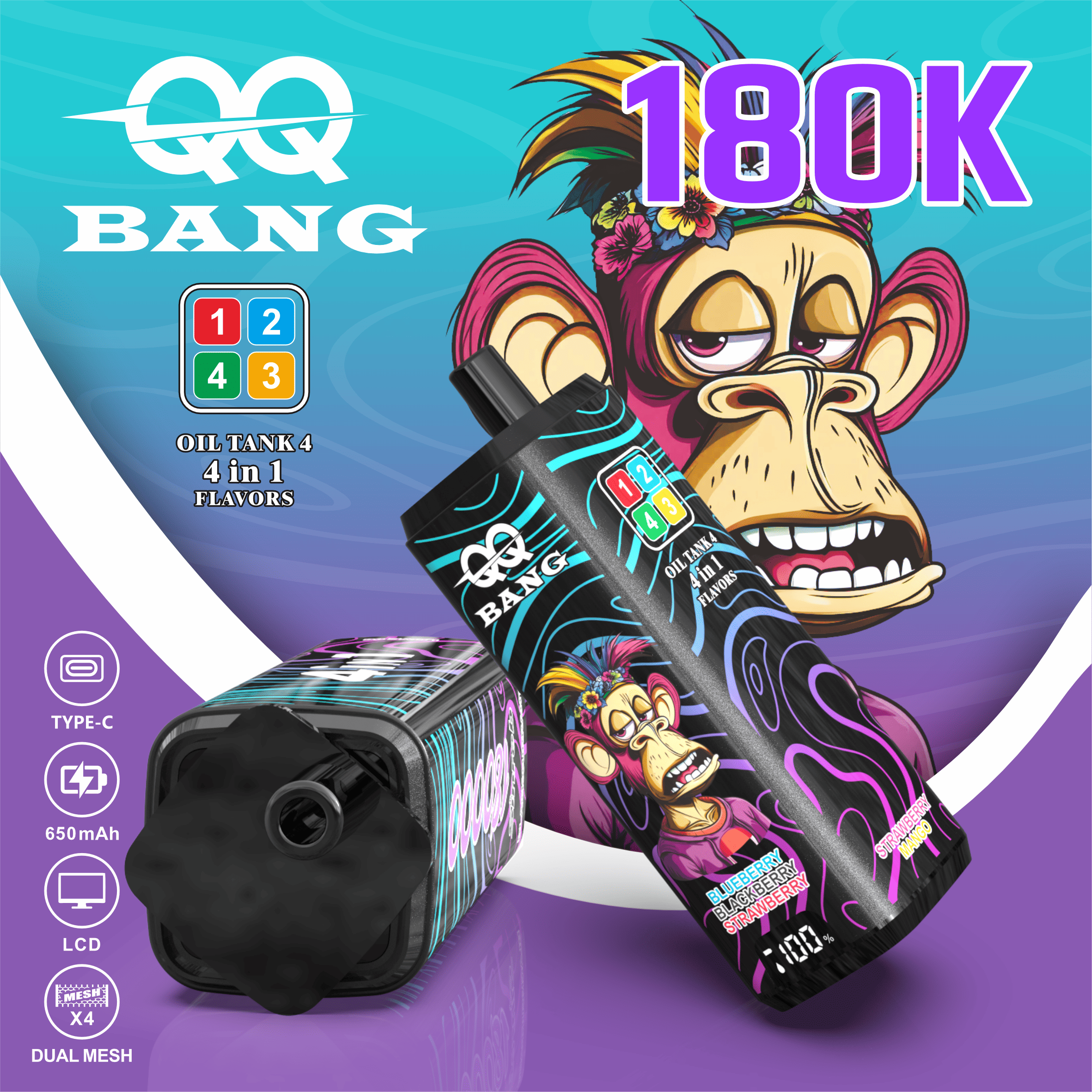 QQ Bang 180000 180K Puffs 4 In 1 Flavors LCD Display Rechargeable Disposable Vape 