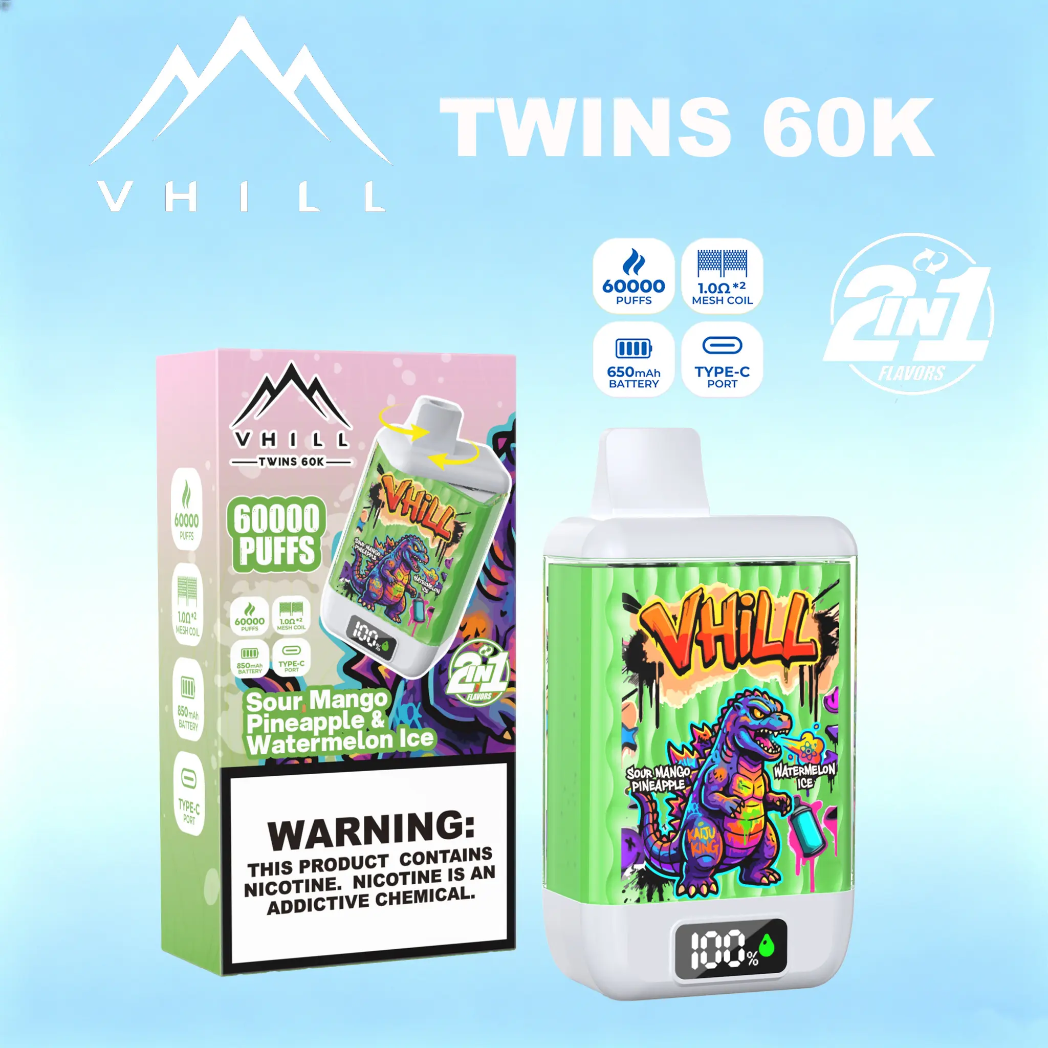 VHILL TWINS 60000 60K Puffs Dual Flavors LED Display Disposable Vape EU Warehouse 
