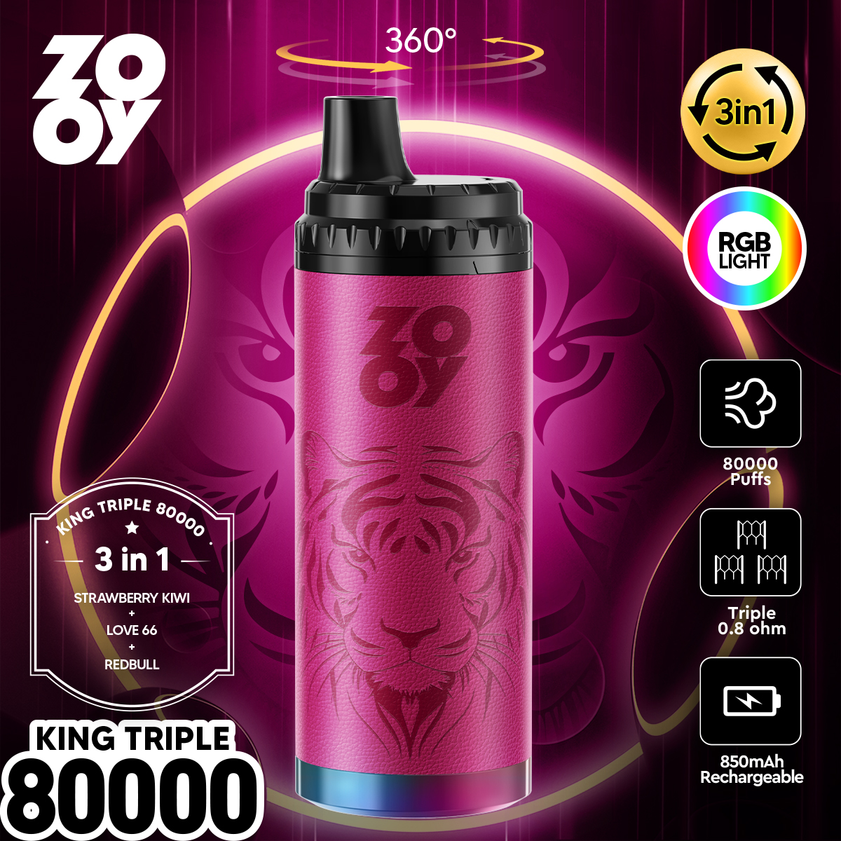 ZOOY King Triple 80000 80K Puffs 3 in 1 Flavors Original Rechargeable RGB Light Disposable Vape 