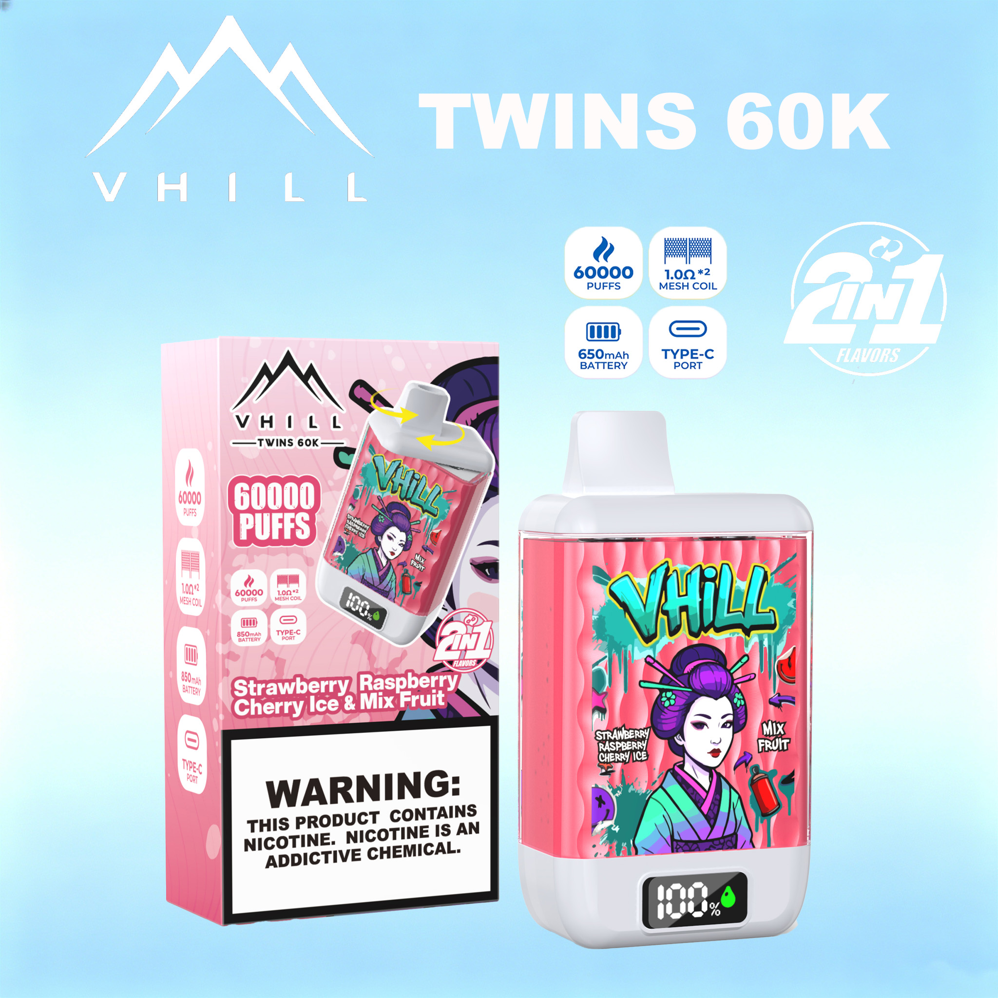 VHILL TWINS 60000 60K Puffs Dual Flavors LED Display Disposable Vape EU Warehouse 