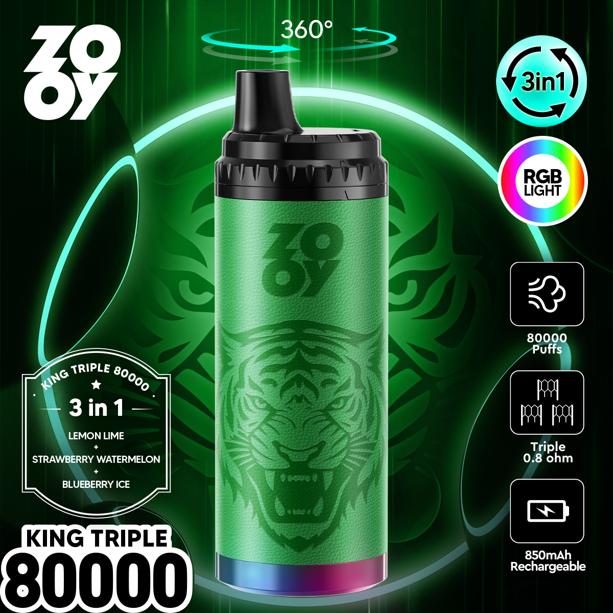 ZOOY King Triple 80000 80K Puffs 3 in 1 Flavors Original Rechargeable RGB Light Disposable Vape 