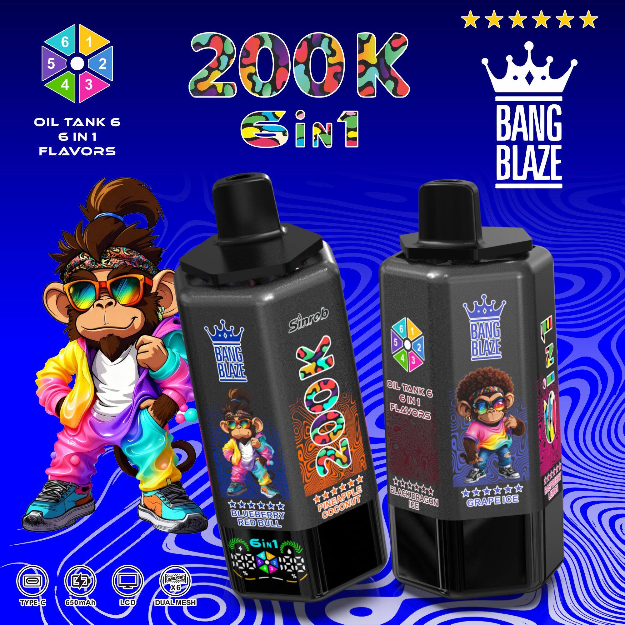 Bang Blaze 200000 200K Puffs 6 in 1 Flavors &  6 oil tanks Rechargeable LCD Display Disposable Vape 