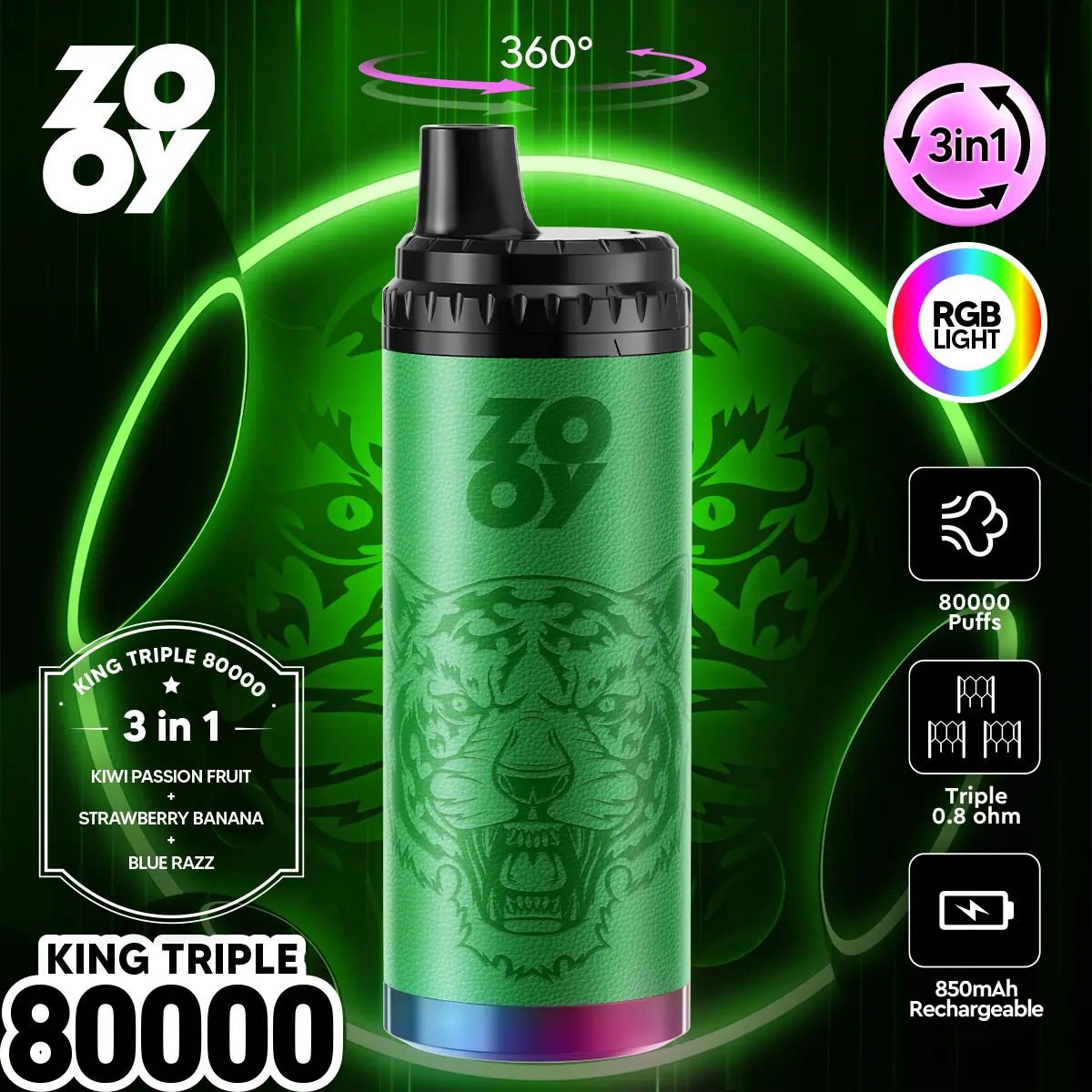 ZOOY King Triple 80000 80K Puffs 3 in 1 Flavors Original Rechargeable RGB Light Disposable Vape 