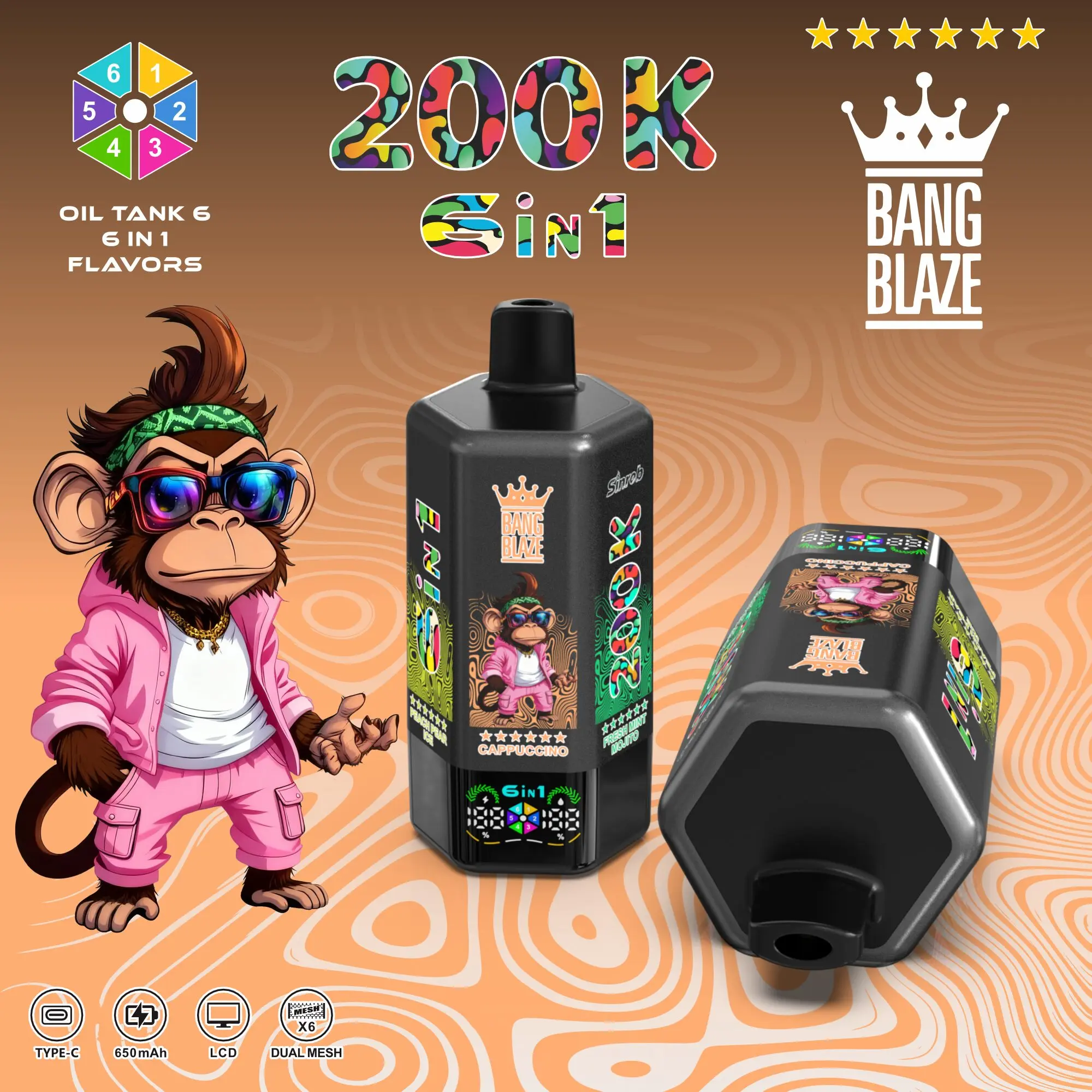 Bang Blaze 200000 200K Puffs 6 in 1 Flavors &  6 oil tanks Rechargeable LCD Display Disposable Vape 