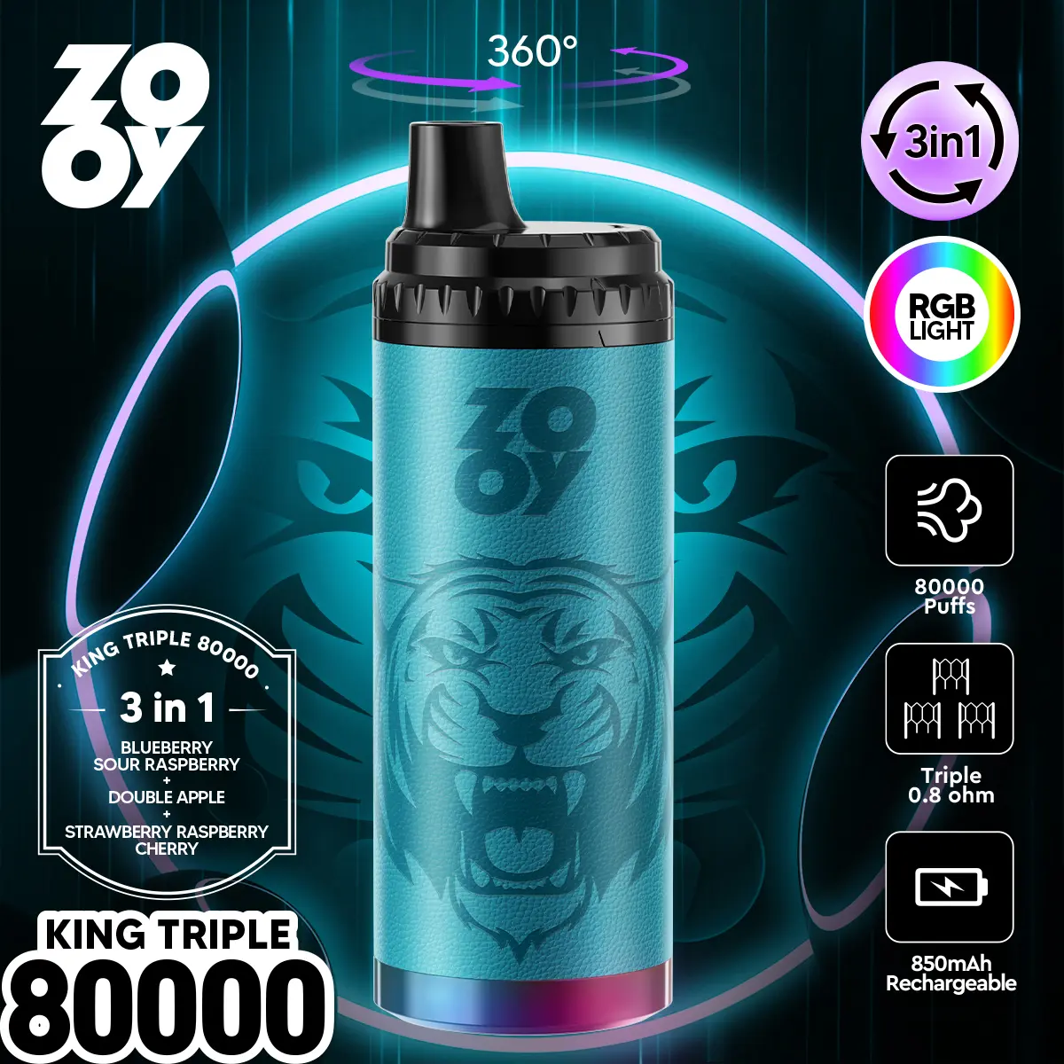 ZOOY King Triple 80000 80K Puffs 3 in 1 Flavors Original Rechargeable RGB Light Disposable Vape 