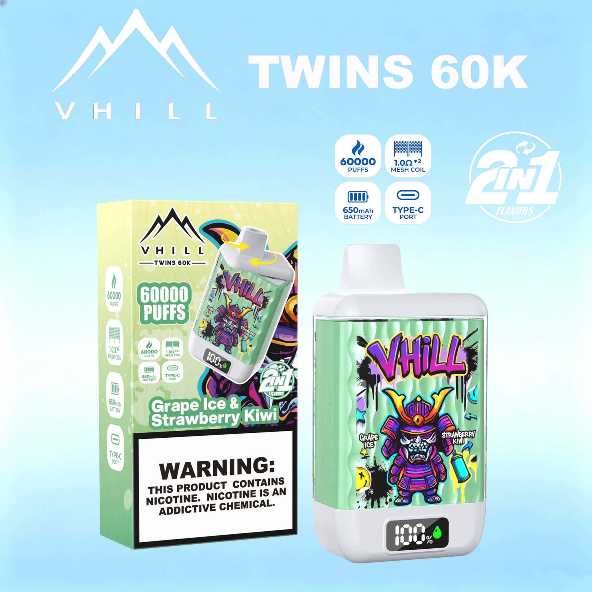 VHILL TWINS 60000 60K Puffs Dual Flavors LED Display Disposable Vape EU Warehouse 