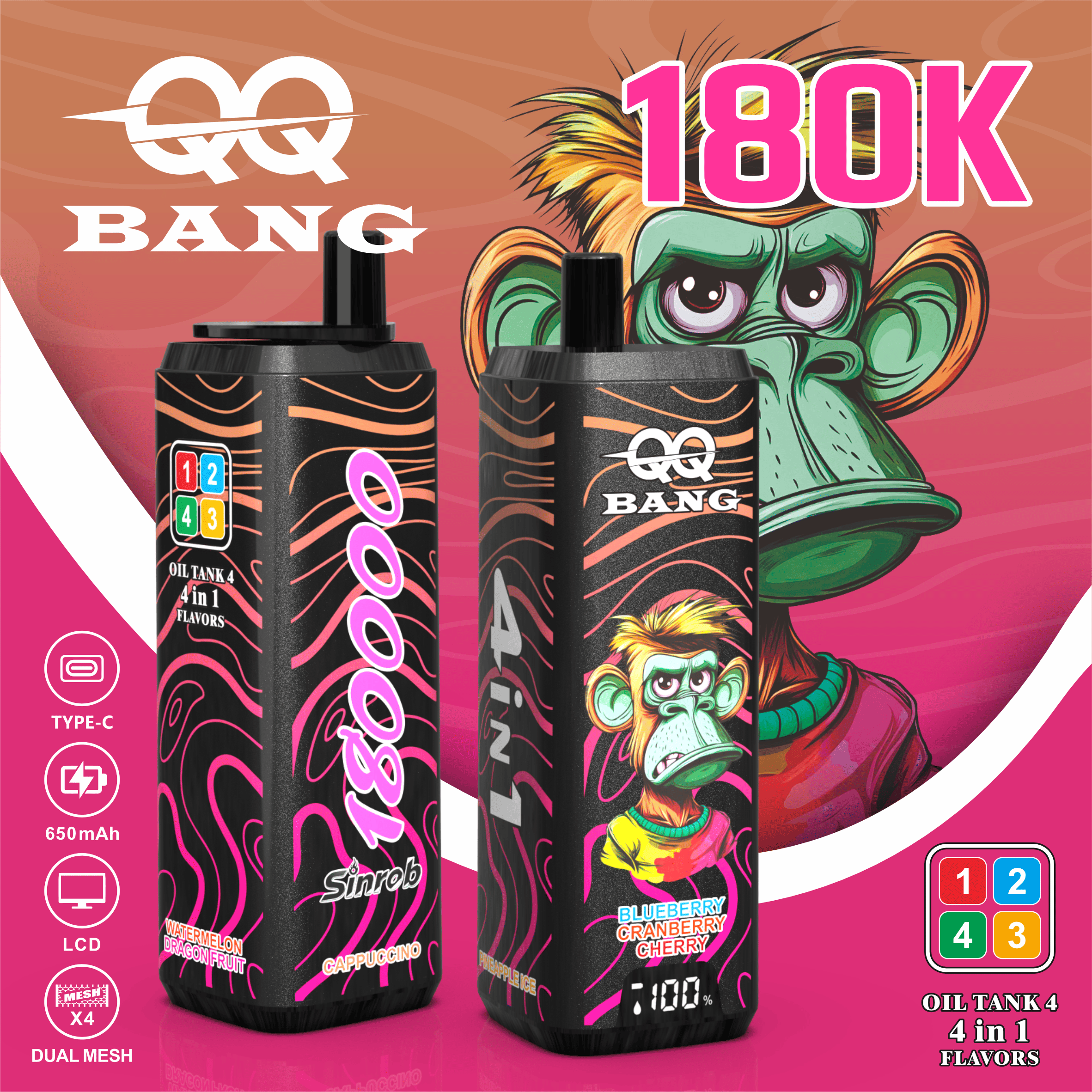 QQ Bang 180000 180K Puffs 4 In 1 Flavors LCD Display Rechargeable Disposable Vape 
