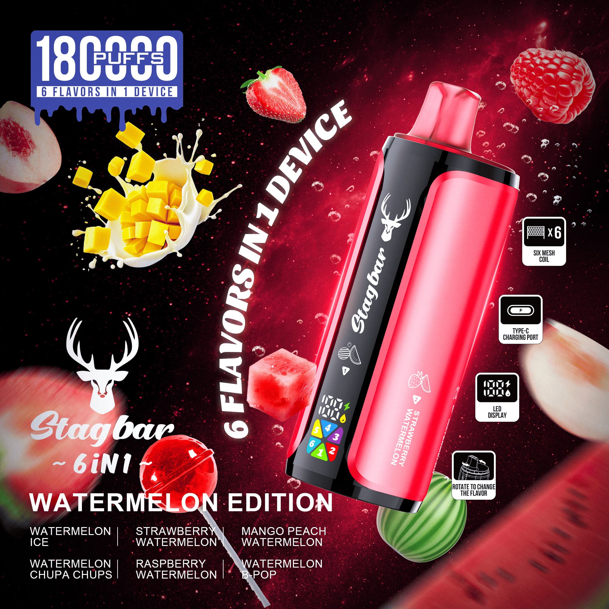 Stag Bar 6in1 180000 180K Puffs Newest Original Rechargeable LED Display Disposable Vape EU Warehouse 