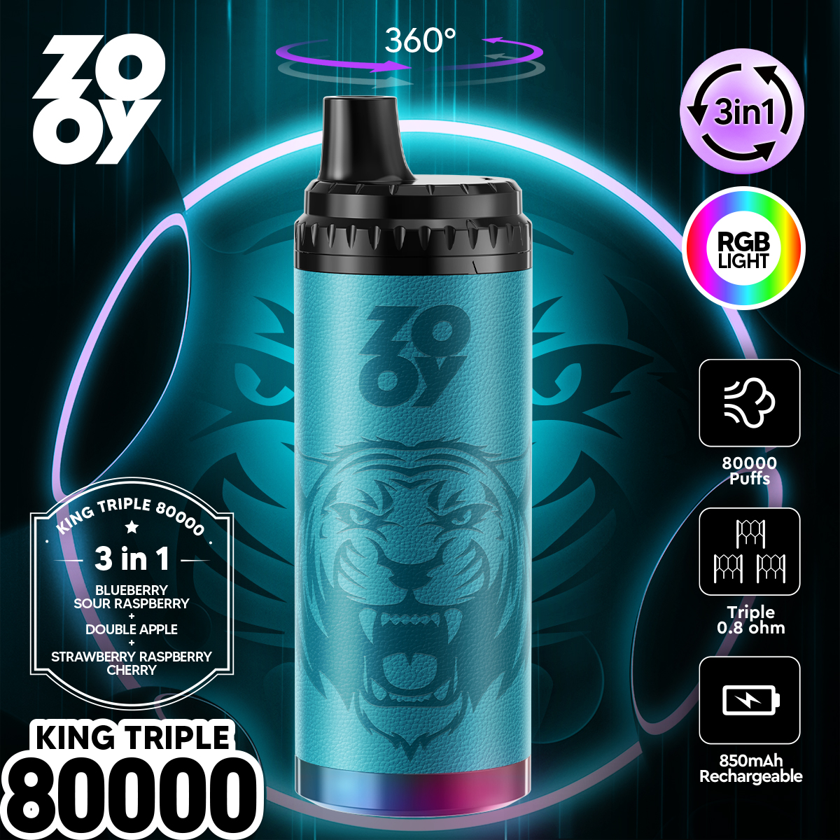 ZOOY King Triple 80000 80K Puffs 3 in 1 Flavors Original Rechargeable RGB Light Disposable Vape 
