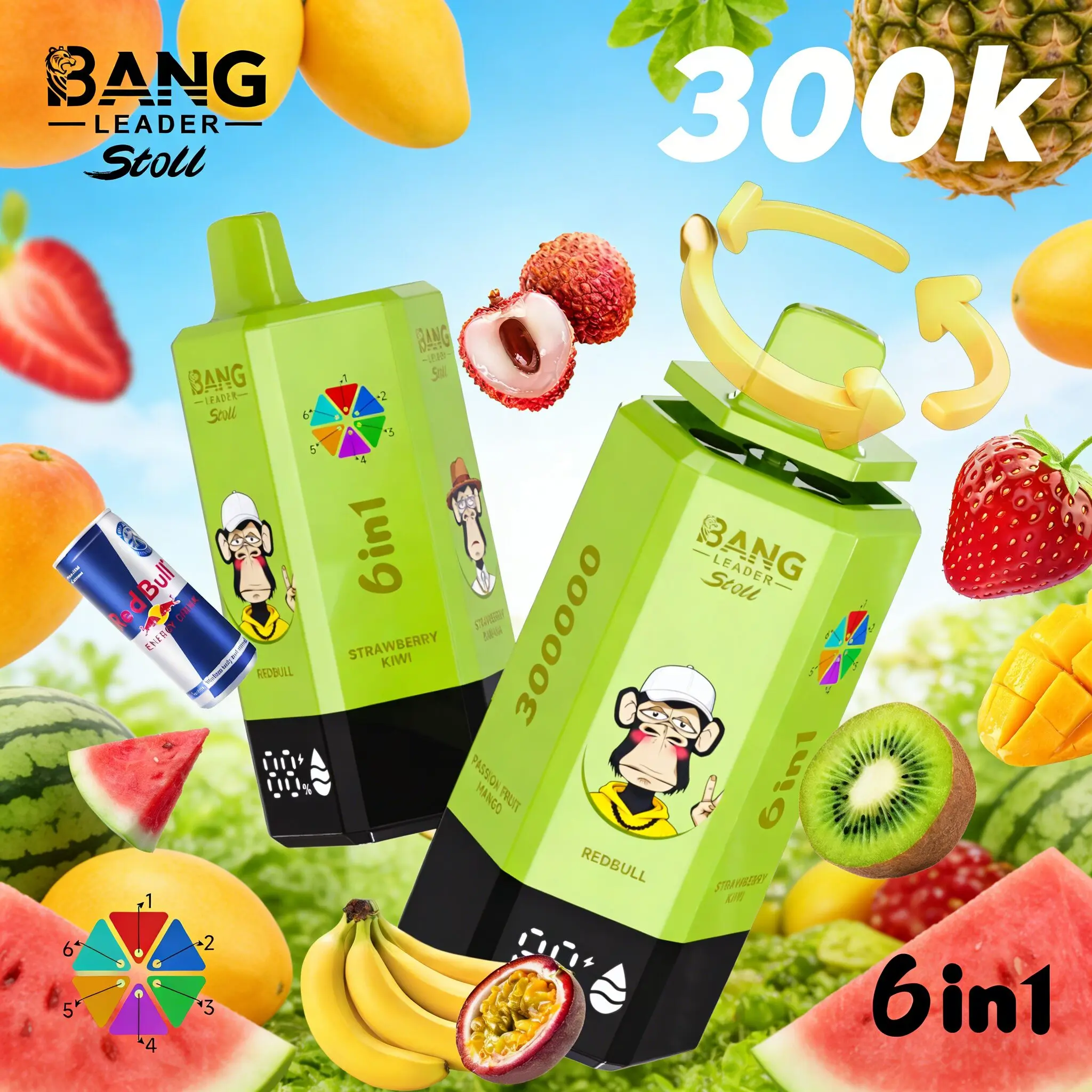 Bang Leader 300K 300000 Puffs 6 in 1 Flavors & 6 oil tanks Rechargeable LCD Display Disposable Vape EU Warehouse 