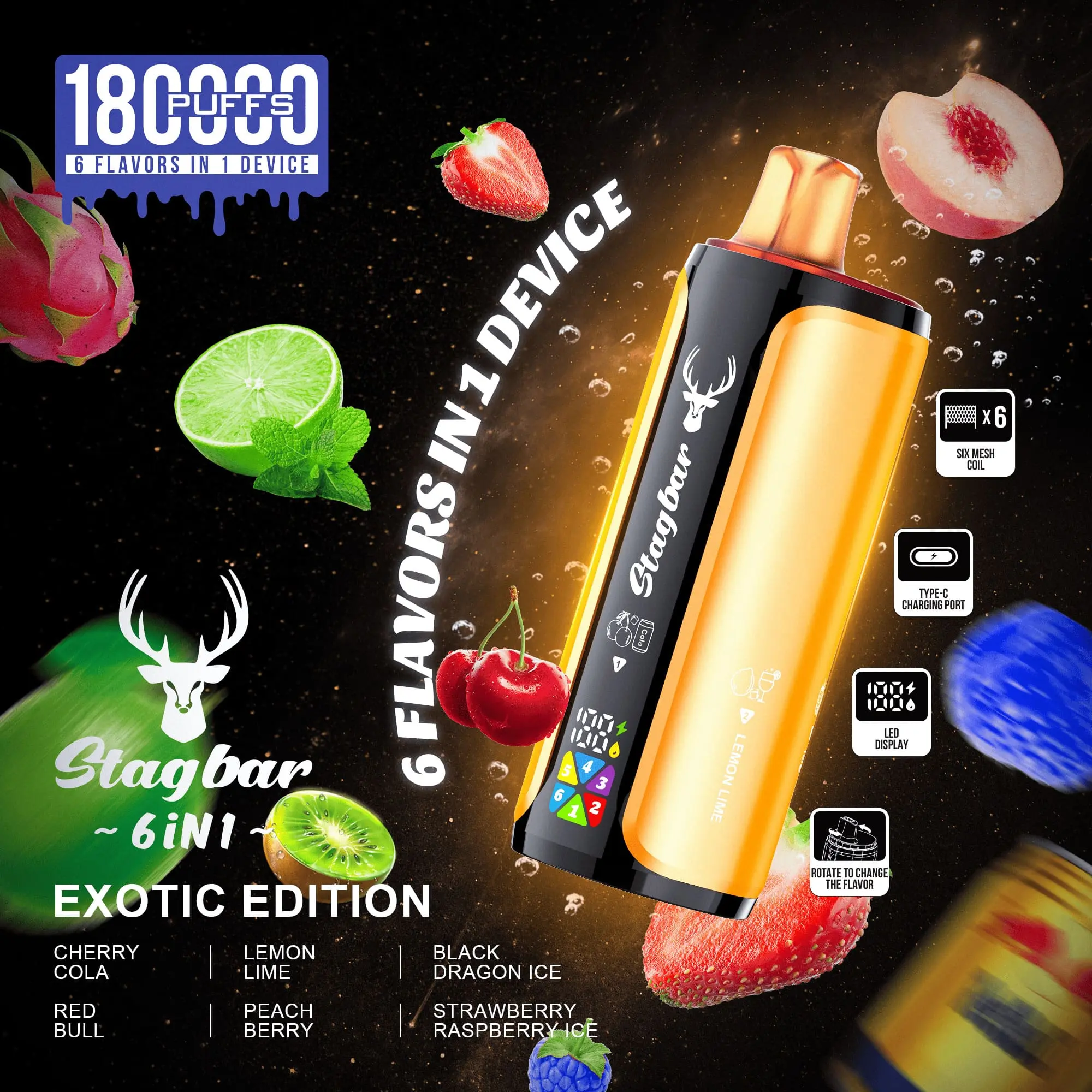 Stag Bar 6in1 180000 180K Puffs Newest Original Rechargeable LED Display Disposable Vape EU Warehouse 