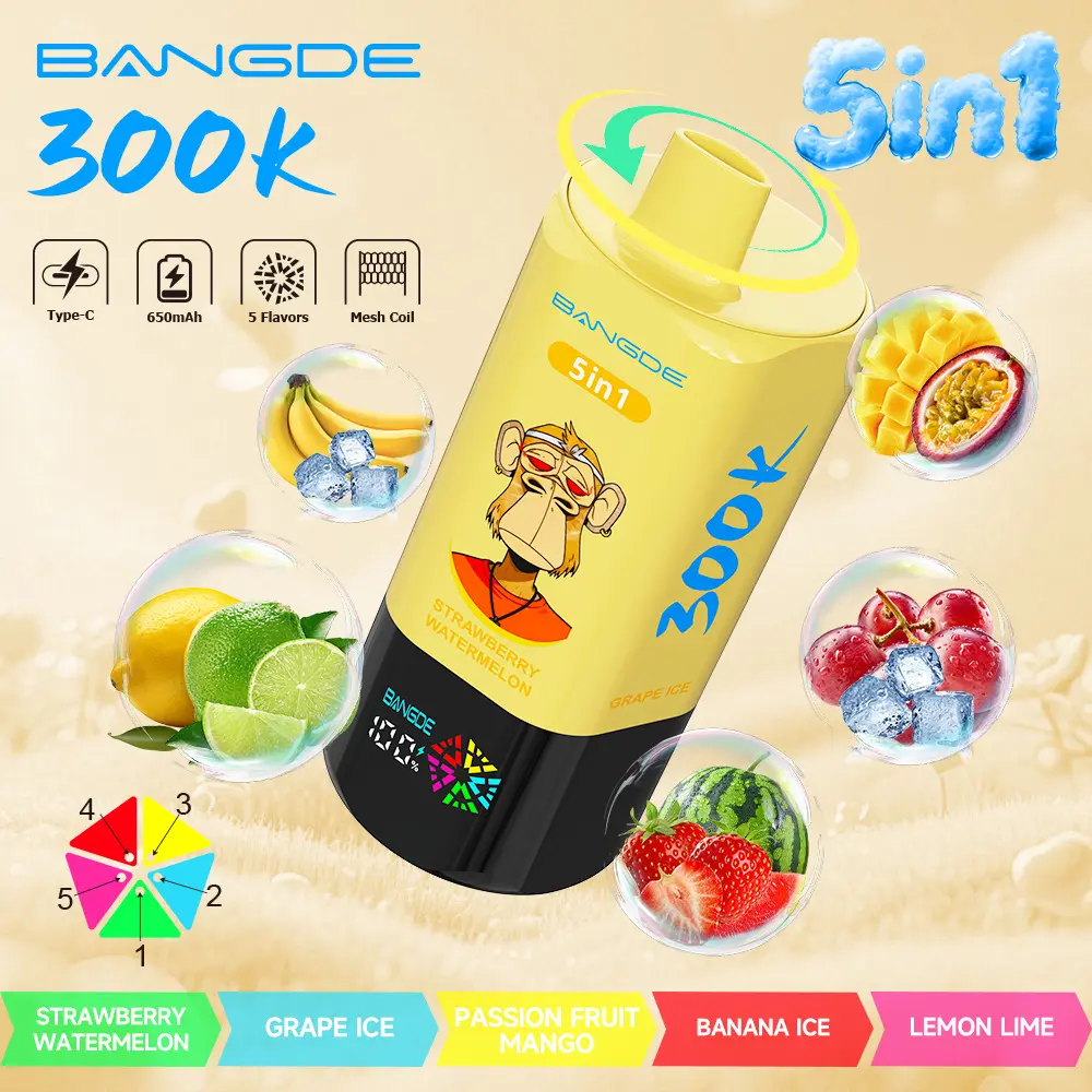 Bang DE 300K 300000 Vape 5-in-1 Flavors Rechargeable LED Display Disposable E-Cigarette 