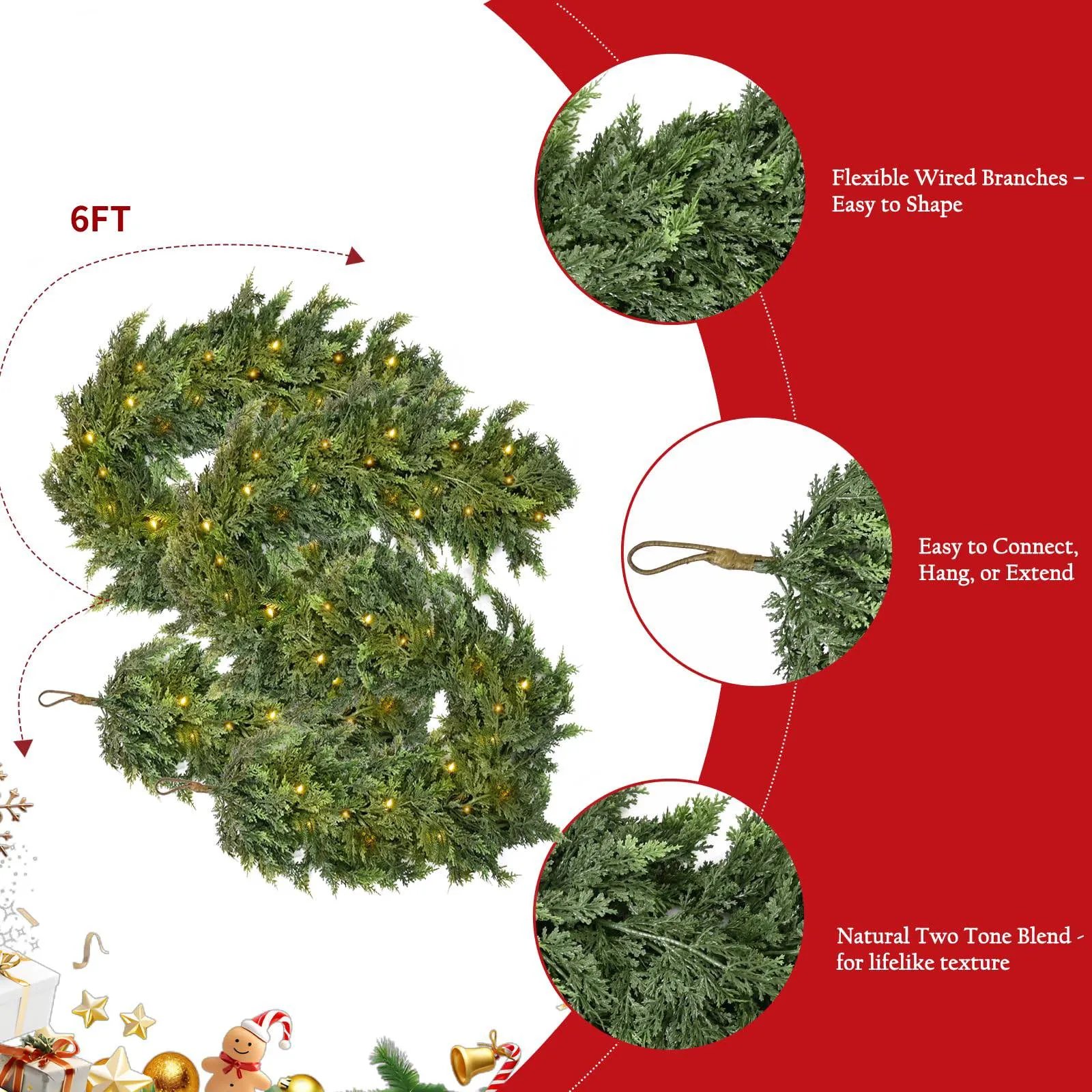 💥6 FT Artificial Cedar Garlands – Lifelike Texture Winter Greenery