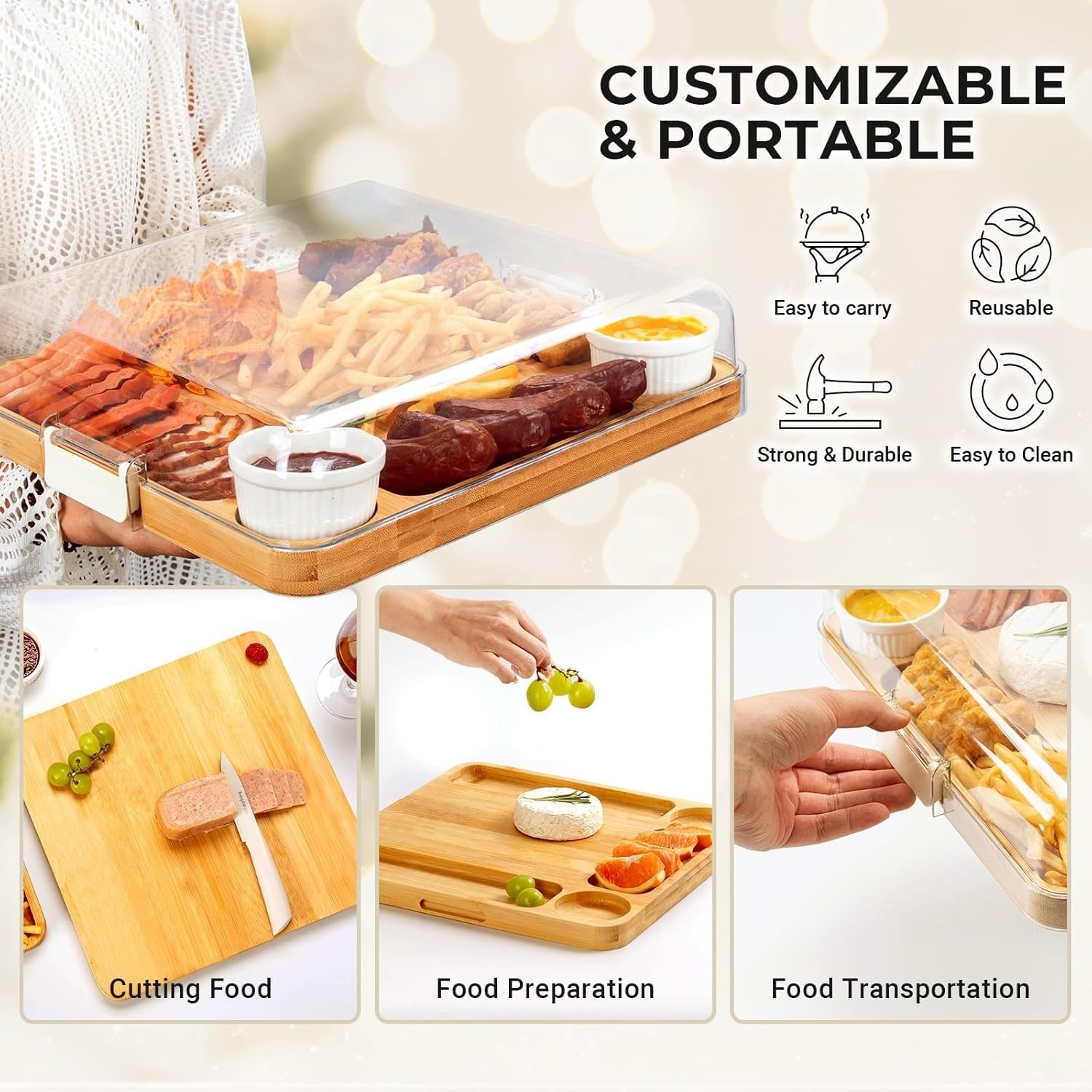 🎋 Bamboo Charcuterie Board with Lid & Buckle Locking 🔥