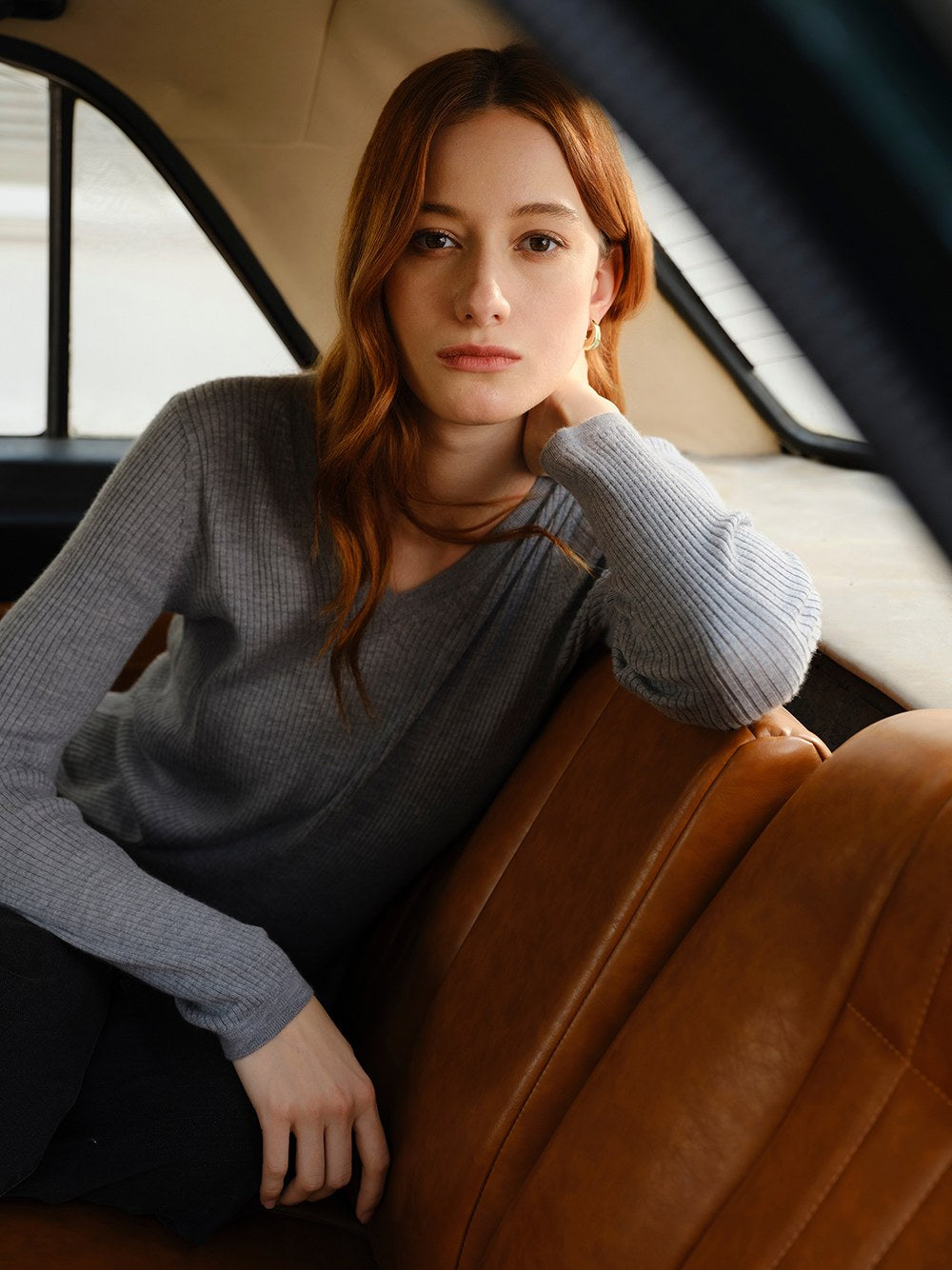 Soft Ribbed V-Neck Cashmere Sweater